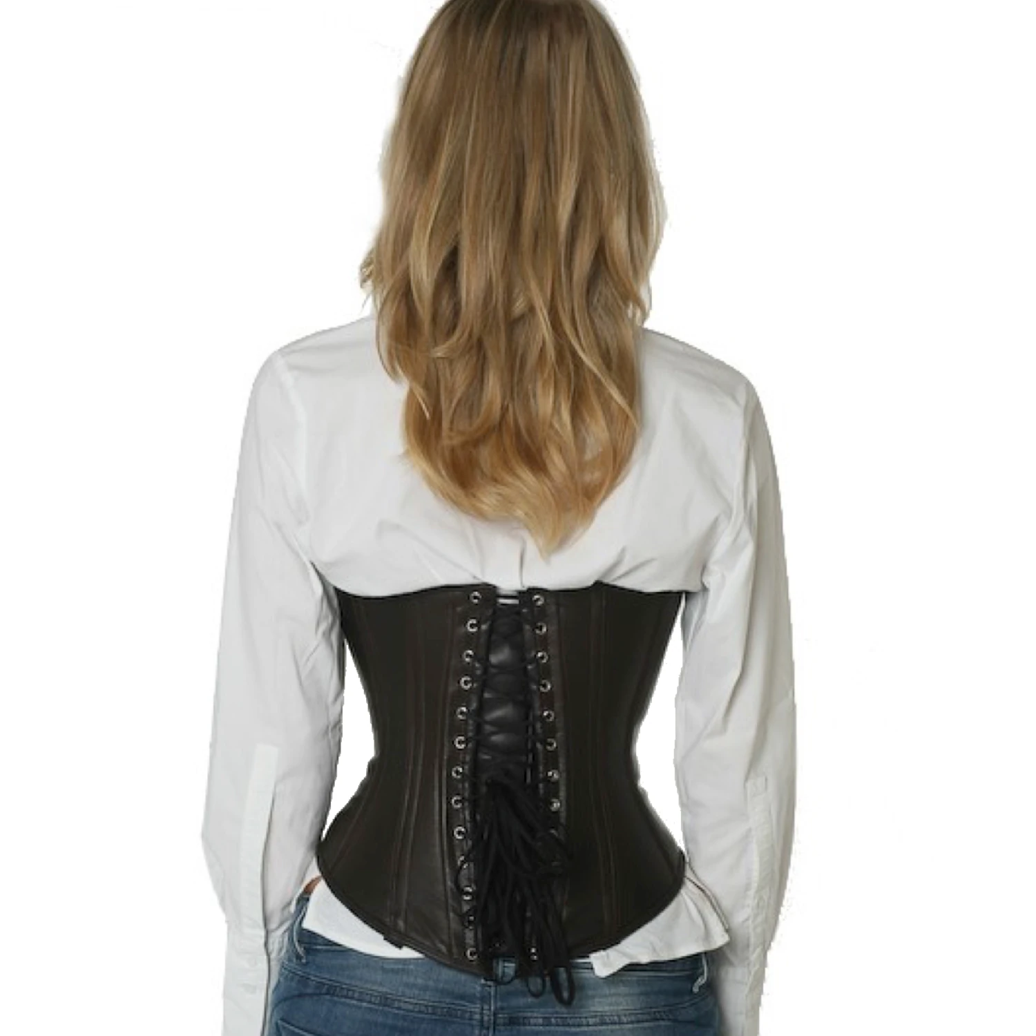 Korsett Unterbrust Leder Braun Dunkelbraun lu25 Rückansicht Schnürkorsett Leder Unterbrust in dunkelbraun am Modell mit Schnürung hinten