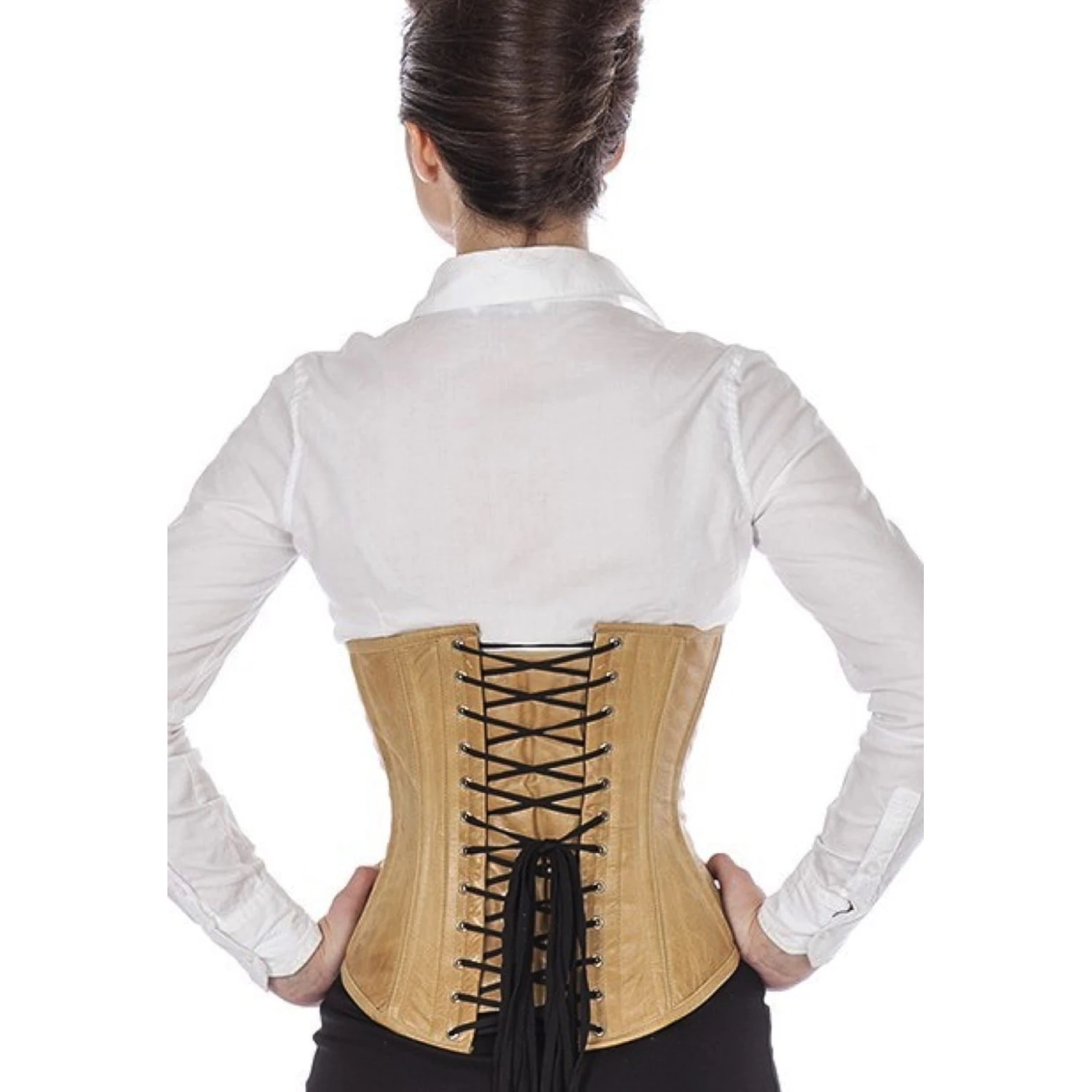 Korsett Unterbrust Leder Beige lu38 Rückansicht Schnürkorsett Leder Unterbrust in beige am Modell mit Schnürung hinten