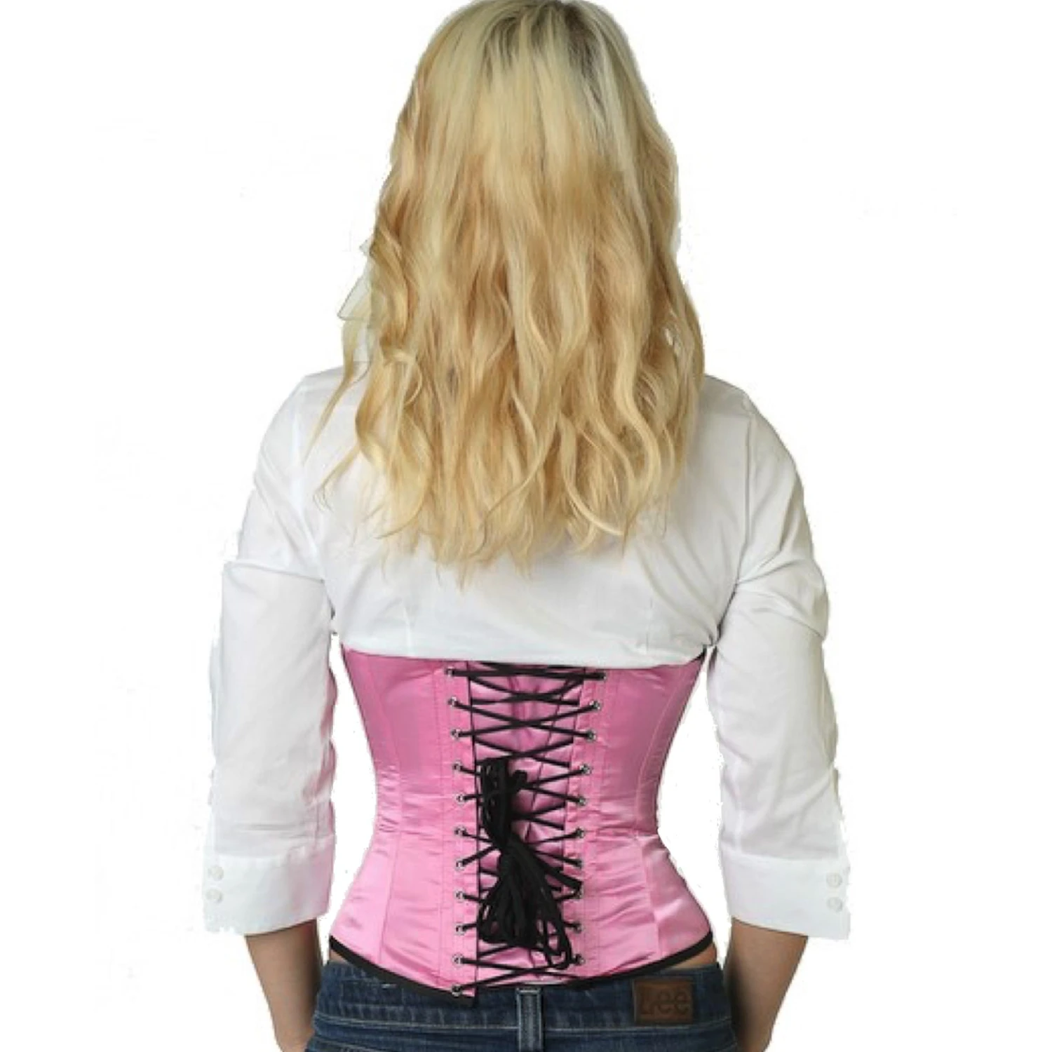 Korsett Taillen Rosa Satin sw03 Rückansicht eines Modells im echten Satin-Schnürkorsett als Taillenkorsett in pink mit Rückenschnürung