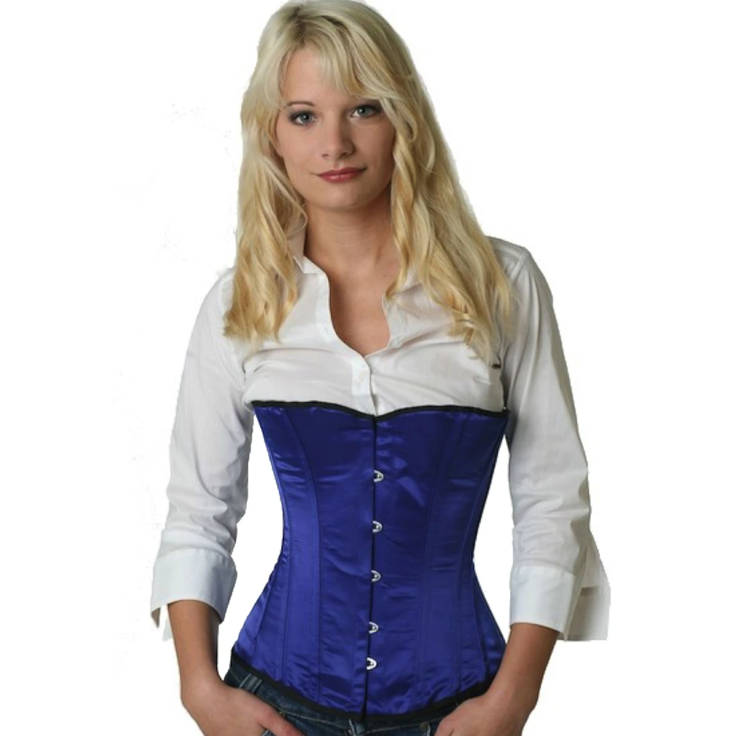 Korsett Satin Blau Halbbrust sh08 Modell trägt ein elegantes Satin-Halbbrustkorsett in blau mit Innenfutter aus Baumwolle
