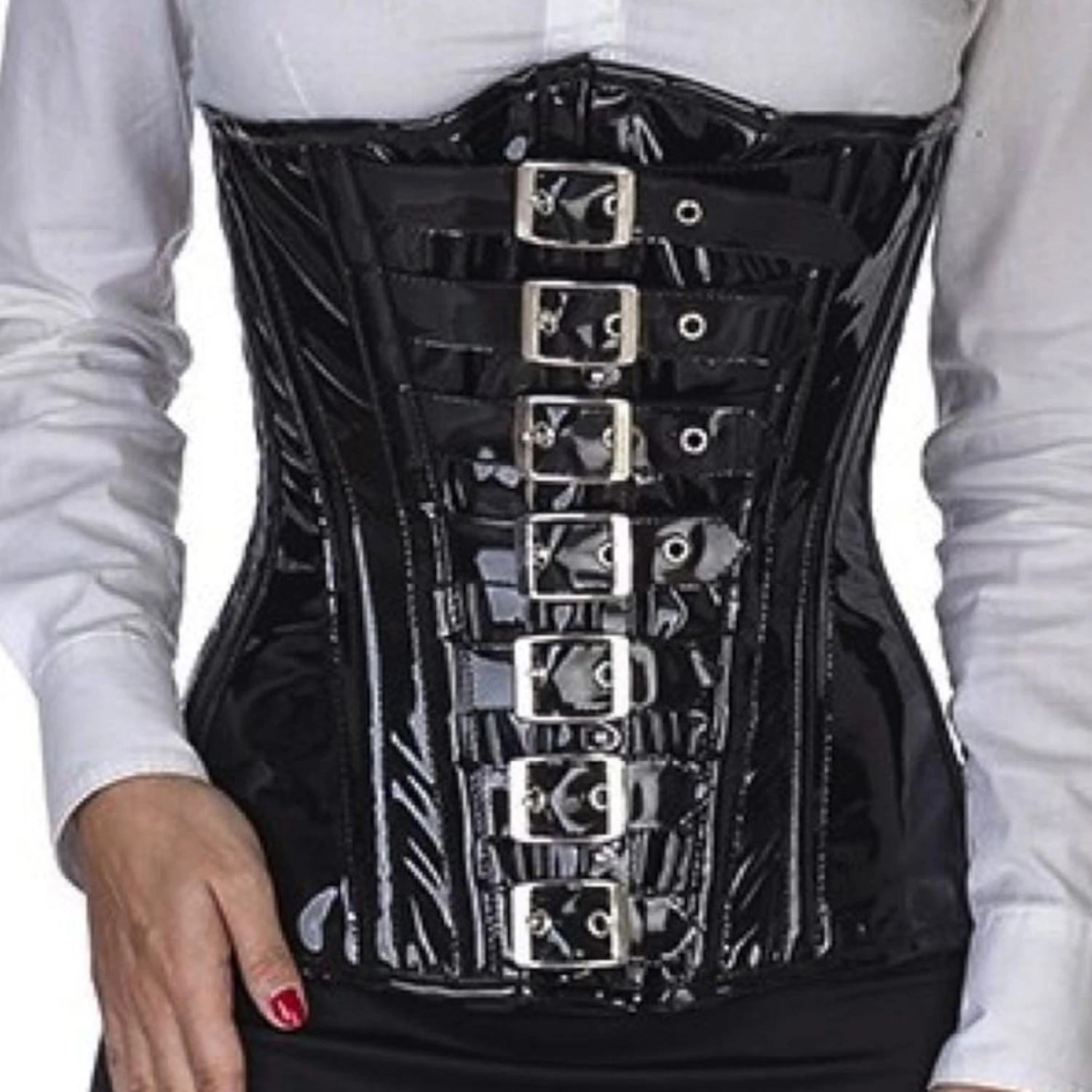 Korsett Lack Schwarz Unterbrust mit Schnallen pc70 Lackkorsett als Unterbrustkorsett mit 7 Schnallen in schwarz aus glänzendem Lackstoff ohne Modell auf der Vorderseite zur Taillenreduktion.