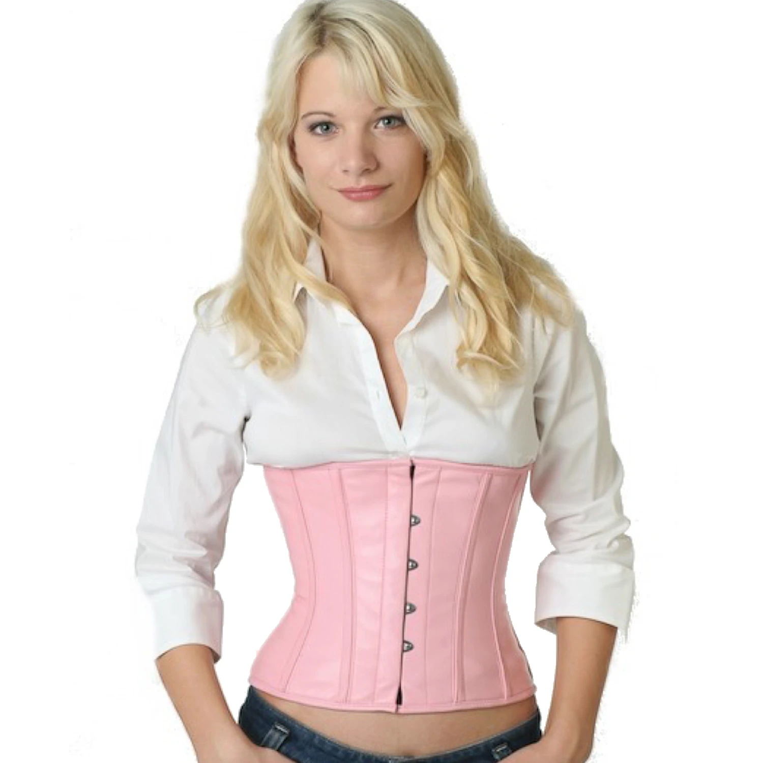 Korsett Taillen Leder Rosa lw22 Modell trägt das Taillenkorsett-Lederkorsett in pink in der Vorderansicht für eine Taillenreduktion um bis zu 10cm.