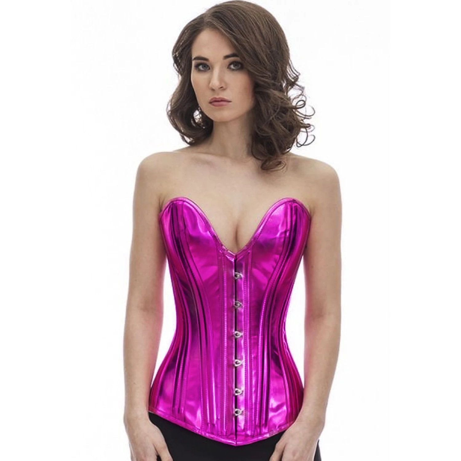 Korsett Pink Glitter Lack Vollbrust tiefer Ausschnitt plg7 Modell zeigt die Vorderansicht eines eleganten Lack-Vollbrustkorsetts in Pink Glitter mit tiefem Ausschnitt und Baumwollfutter