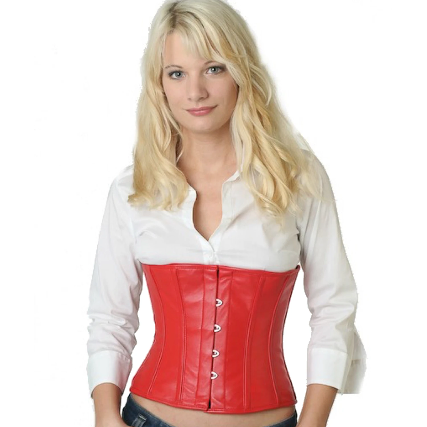 Korsett Rot Taillen Leder lw23 Modell trägt das Taillenkorsett-Lederkorsett in rot in der Vorderansicht für eine Taillenreduktion um bis zu 10cm.