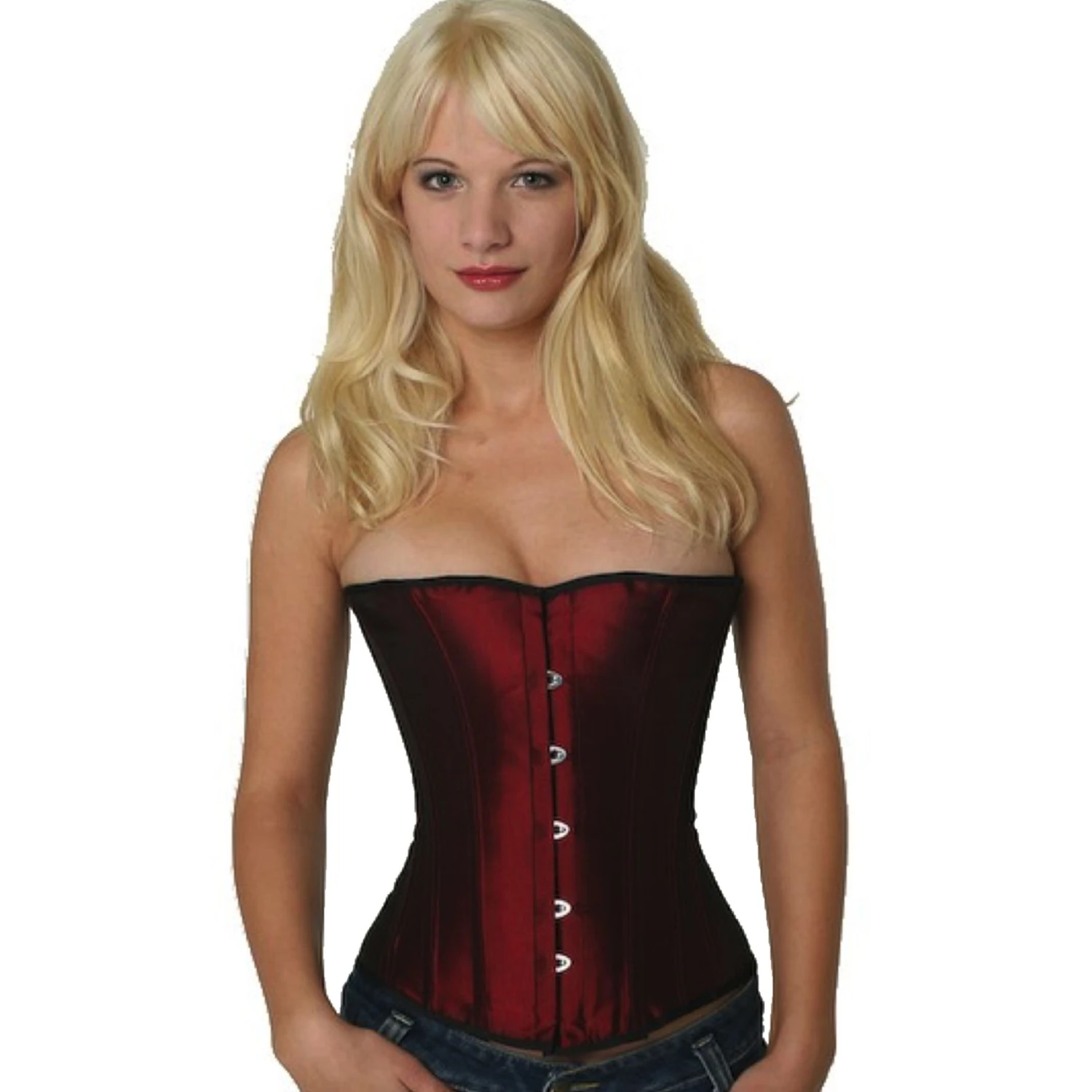 Korsett Halbbrust Rot Weinrot Satin sh05 Modell trägt ein elegant Satin-Halbbrustkorsett in dunkelrot mit Innenfutter aus Baumwolle