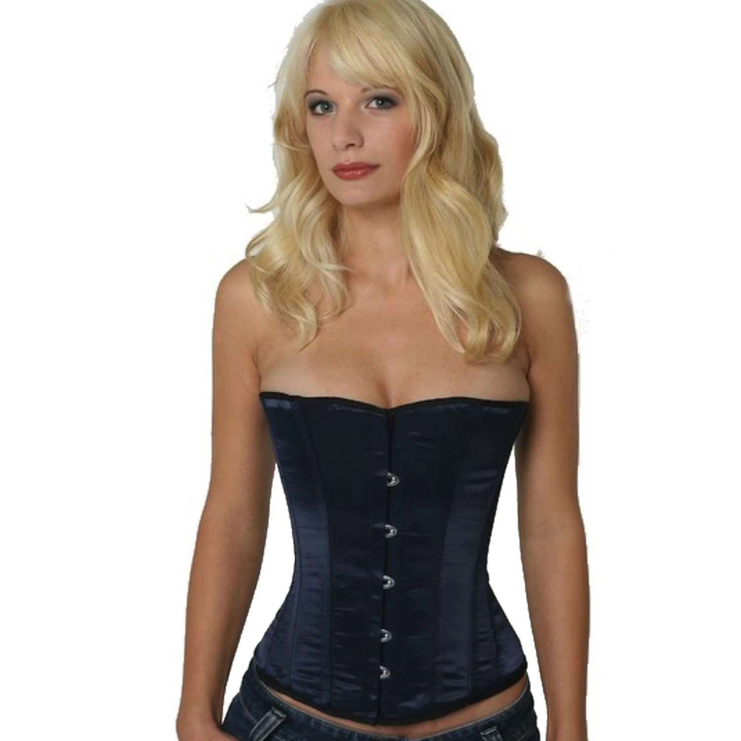 Korsett Satin Blau Marine Halbbrust sh07 Modell trägt ein elegantes Satin-Halbbrustkorsett in dunkelblau mit Innenfutter aus Baumwolle