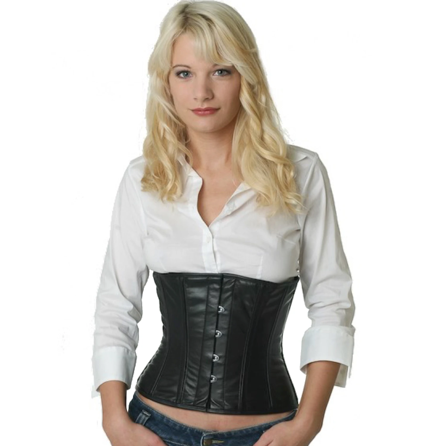 Korsett Taillen Leder Schwarz lw20 Modell trägt das Taillenkorsett-Lederkorsett in schwarz in der Vorderansicht für eine Taillenreduktion um bis zu 10cm.