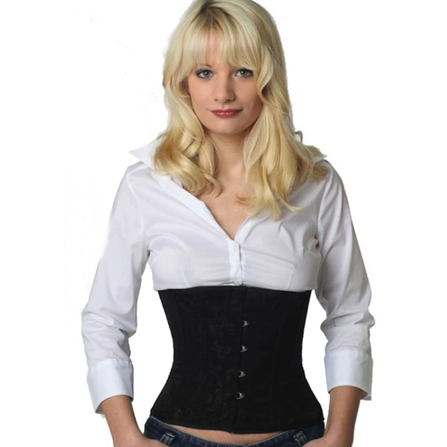 Korsett Brokat Schwarz Taillen rw80 Modell trägt ein kurzes Brokat-Taillenkorsett in schwarz mit Innenfutter aus Baumwolle