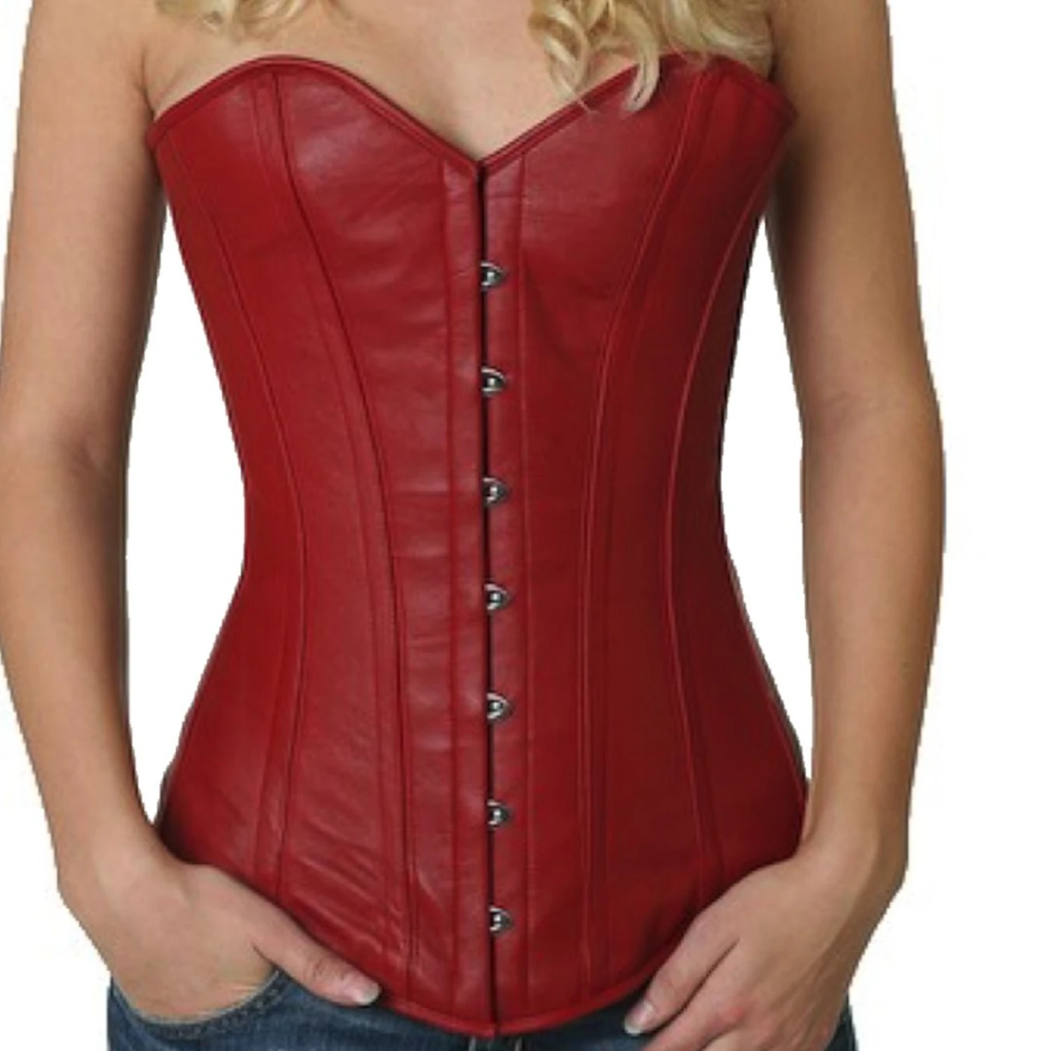 Korsett Vollbrust Leder Rot ly23 Lederkorsett als klassisches Vollbrustkorsett in rot aus echtem Leder ohne Modell auf der Vorderseite zur Taillenreduktion.