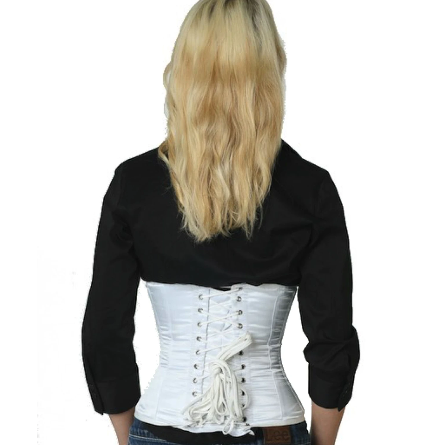 Korsett Weiß Taillen Satin sw02 Rückansicht eines Modells im echten Satin-Schnürkorsett als Taillenkorsett in weiß mit Rückenschnürung