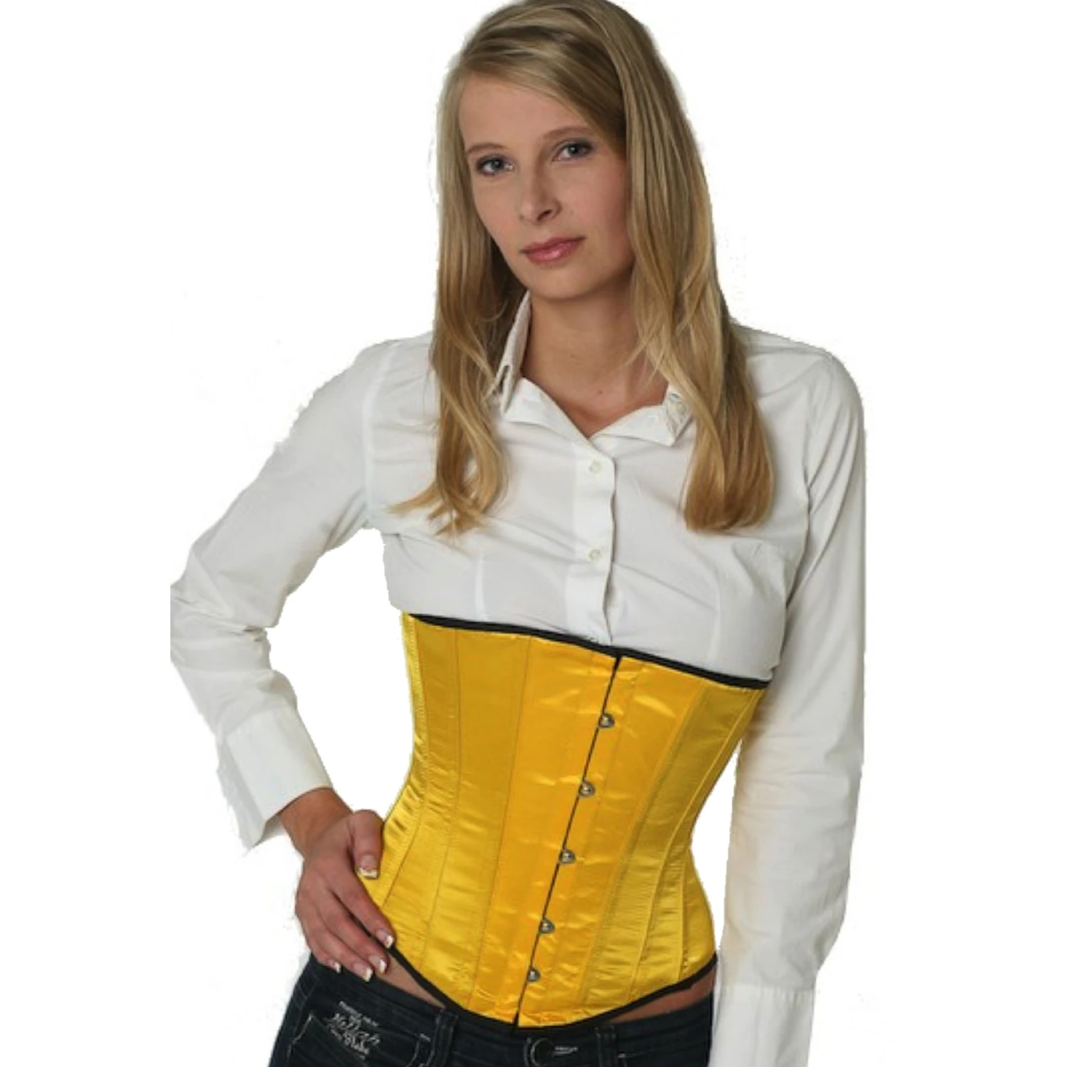Korsett Gelb Mango Unterbrust Satin su13 Modell trägt ein elegantes Satin-Unterbrustkorsett in gelb mit Innenfutter aus Baumwolle