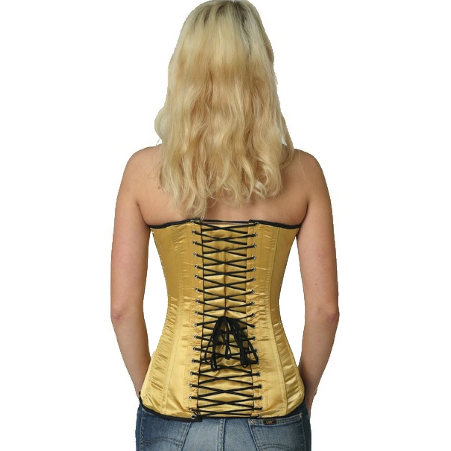 Korsett Gold Vollbrust Satin sy12 Rückansicht eines Modells im echten Satin-Schnürkorsett als Vollbrustkorsett in gold mit Rückenschnürung