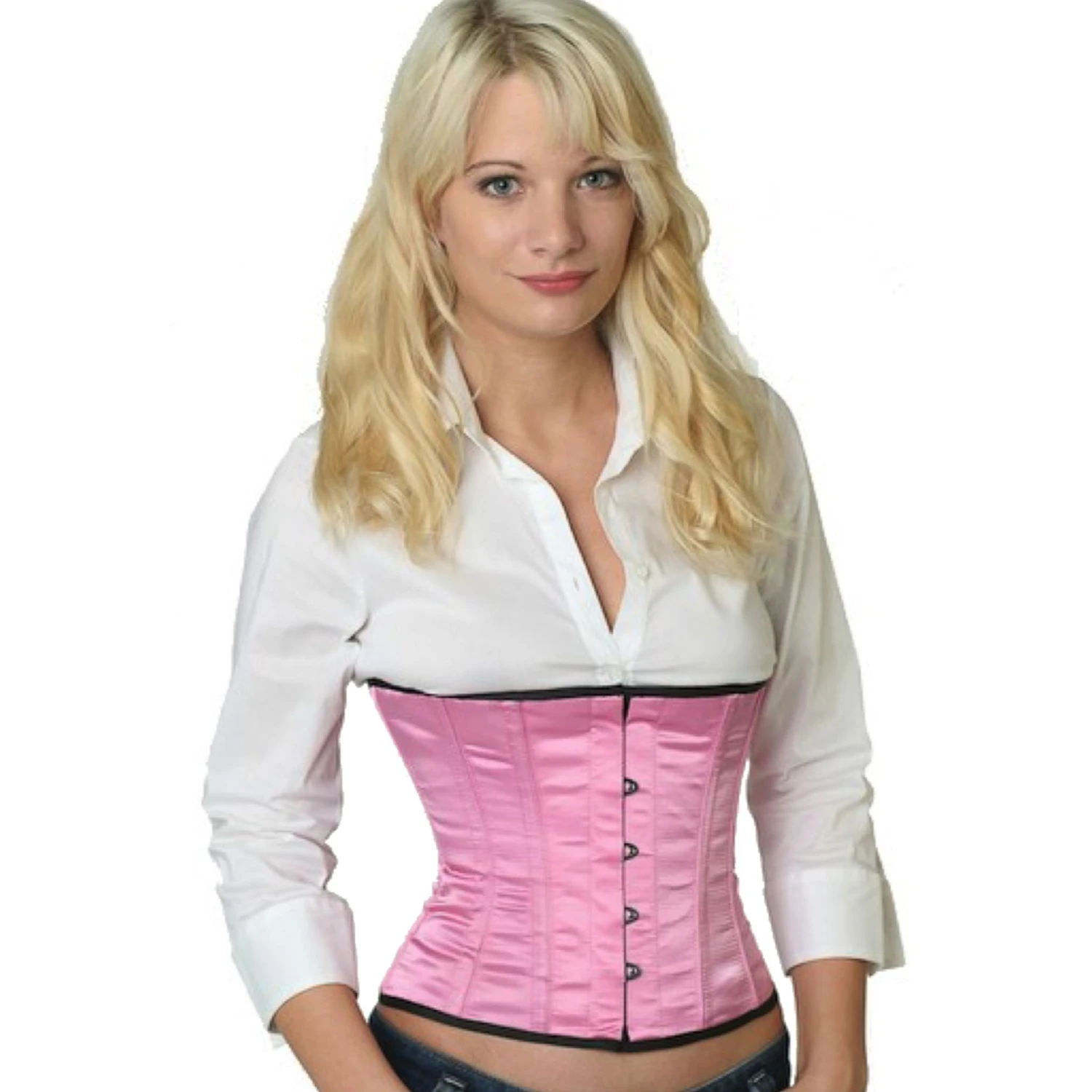 Korsett Taillen Rosa Satin sw03 Modell trägt ein kurzes Satin-Taillenkorsett in pink mit Innenfutter aus Baumwolle