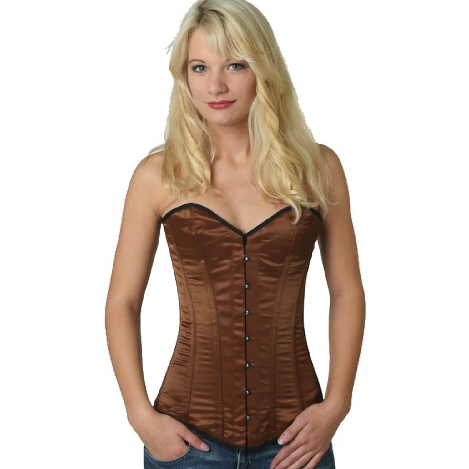 Korsett Vollbrust Satin Braun sy10 Modell trägt ein klassisches Satin-Vollbrustkorsett in braun mit Innenfutter aus Baumwolle