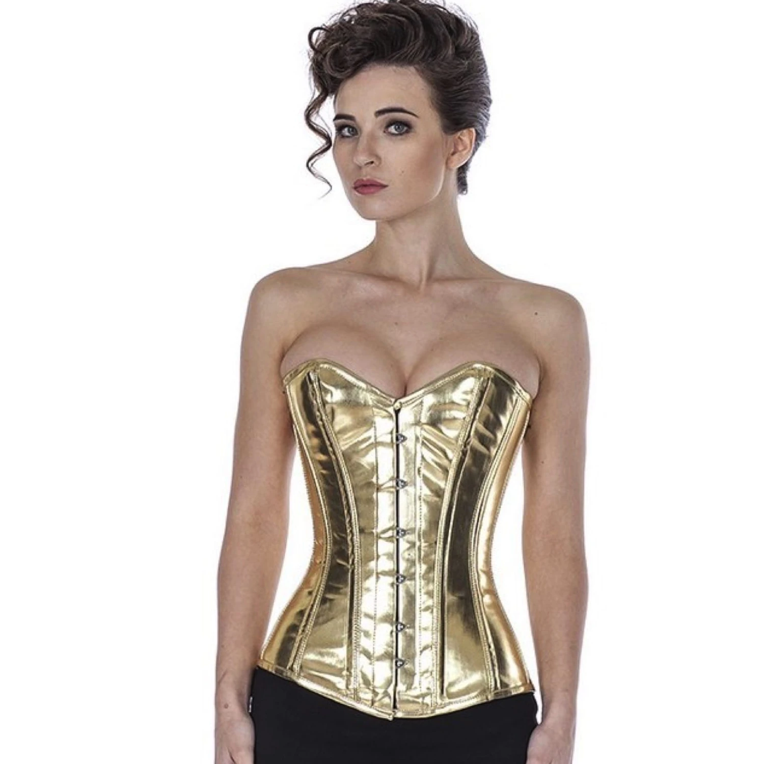 Korsett Lack Gold Glitter Vollbrust pyG5 Modell trägt ein klassisches Lack-Vollbrustkorsett in gold glitter mit Innenfutter aus Baumwolle