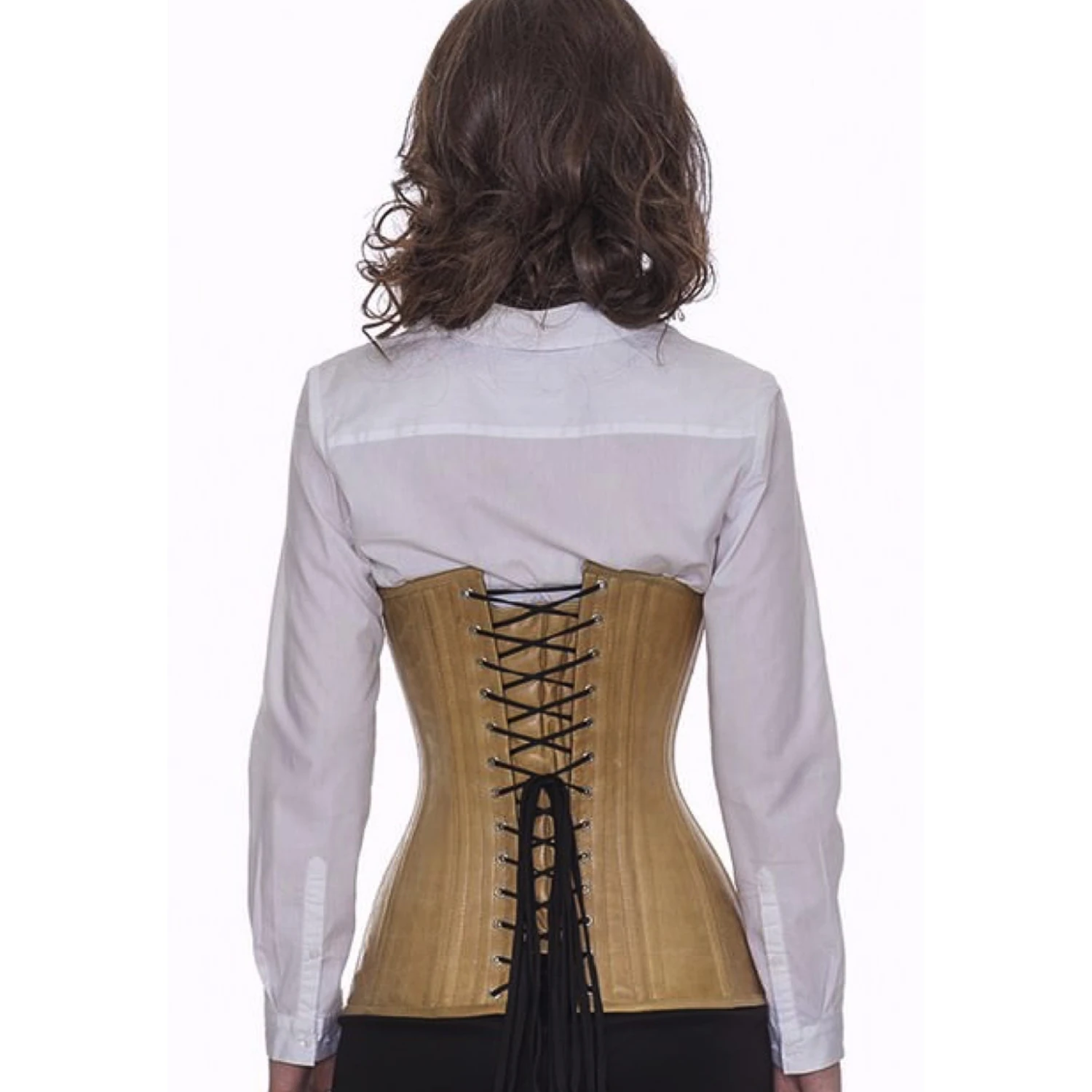 Rückansicht am Modell: Lederkorsett Unterbrustkorsett in beige mit klassischer Schnürung hinten, 24 Edelstahl-Korsettstangen.