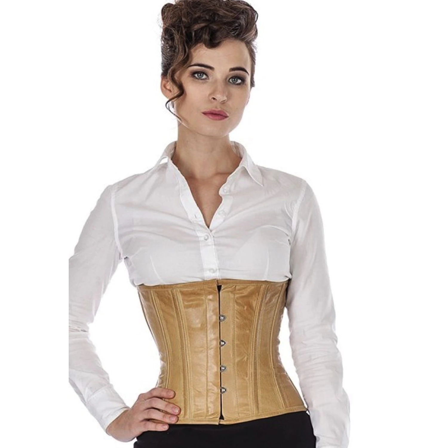 Korsett Beige Leder Taillen lw38 Modell trägt das Taillenkorsett-Lederkorsett in beige in der Vorderansicht für eine Taillenreduktion um bis zu 10cm.