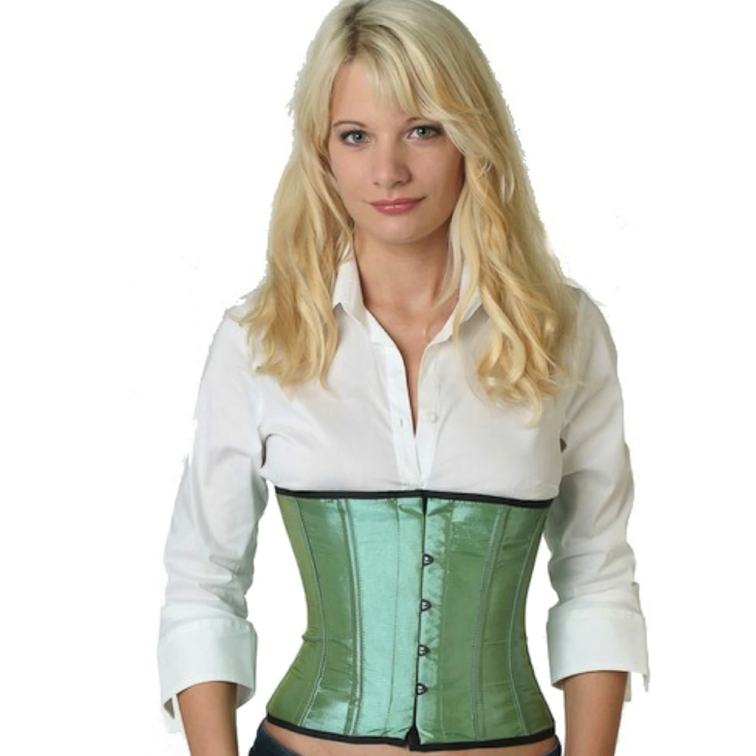 Korsett Grün Hellgrün Satin Taillen sw15 Modell trägt ein kurzes Satin-Taillenkorsett in hellgrün mit Innenfutter aus Baumwolle