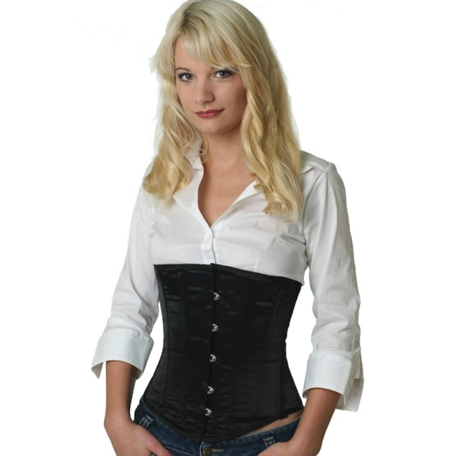 Korsett Unterbrust Satin Schwarz su00 Modell trägt ein elegantes Satin-Unterbrustkorsett in schwarz mit Innenfutter aus Baumwolle