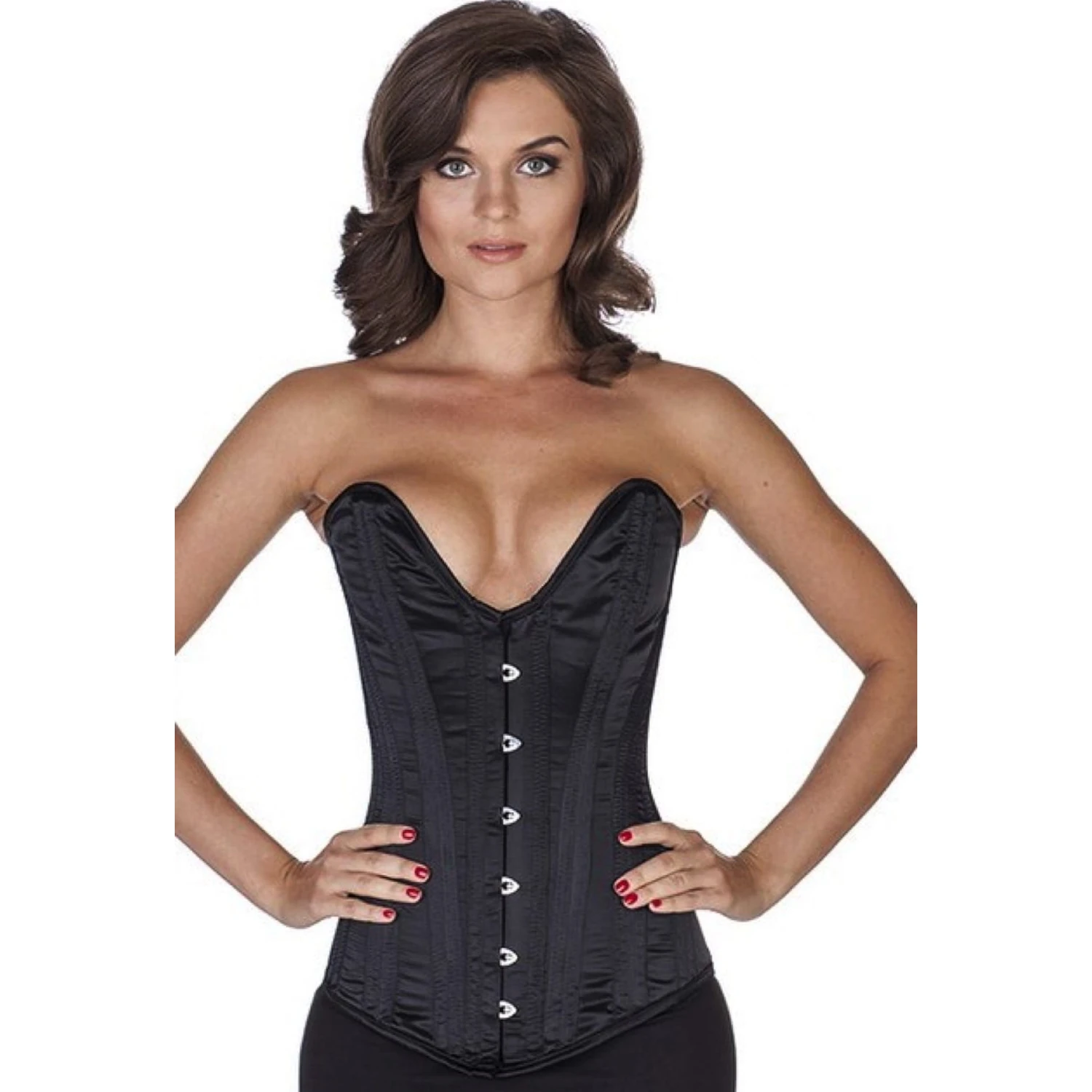 Korsett Schwarz Vollbrust tiefer Ausschnitt Satin sl00 Modell trägt ein elegantes Satin-Vollbrustkorsett Plunge in schwarz mit Innenfutter aus Baumwolle