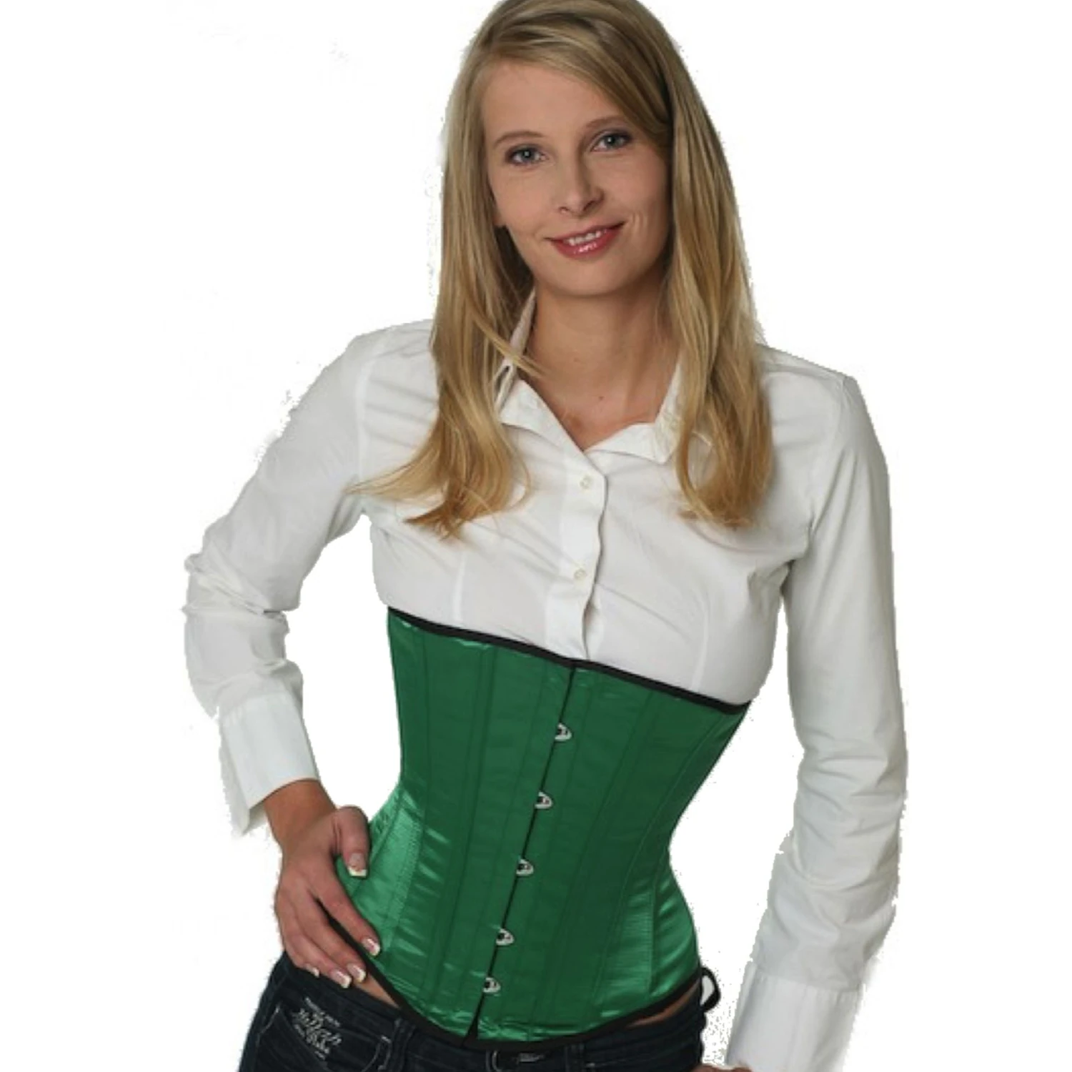 Korsett Satin Grün Unterbrust su14 Modell trägt ein elegantes Satin-Unterbrustkorsett in grün mit Innenfutter aus Baumwolle