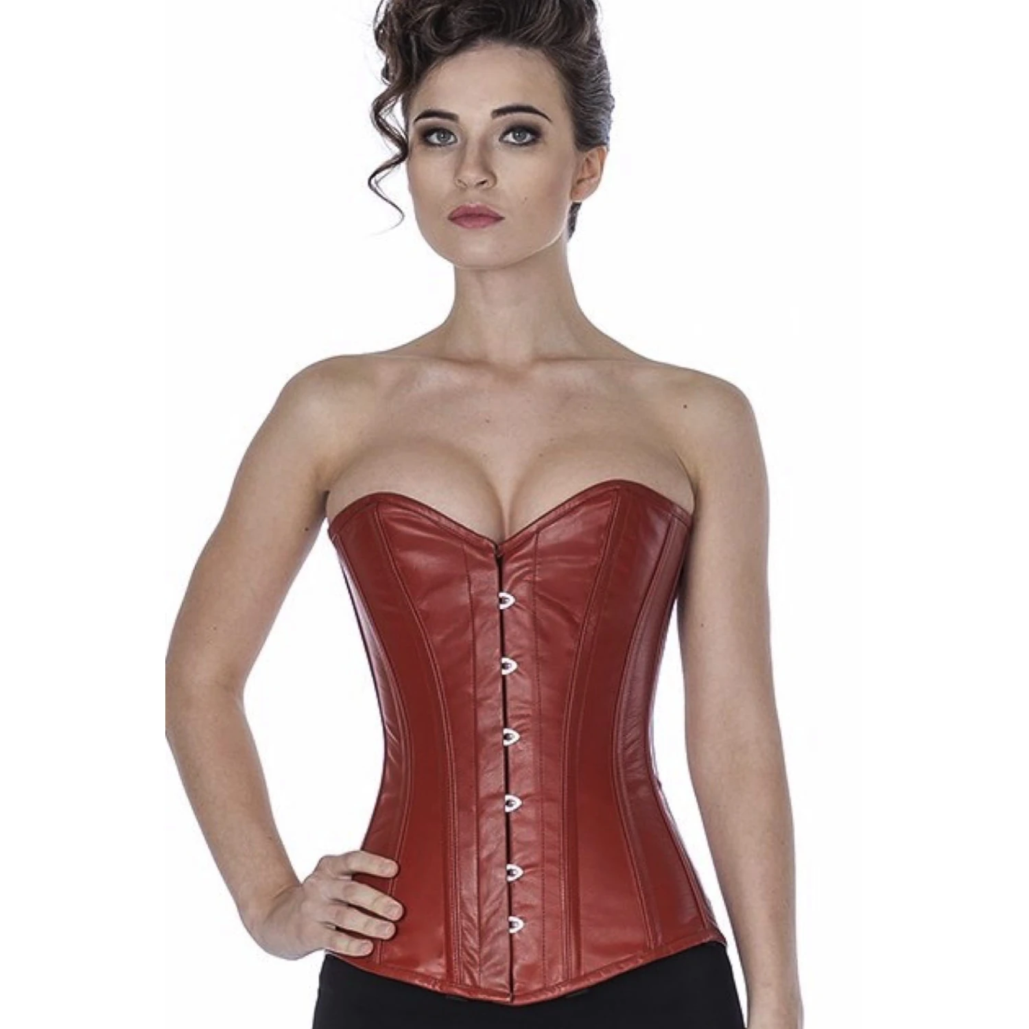 Korsett Braun Hellbraun Leder Vollbrust ly27 Modell trägt das Vollbrust-Lederkorsett in hellbraun in der Vorderansicht für eine Taillenreduktion um bis zu 10cm.