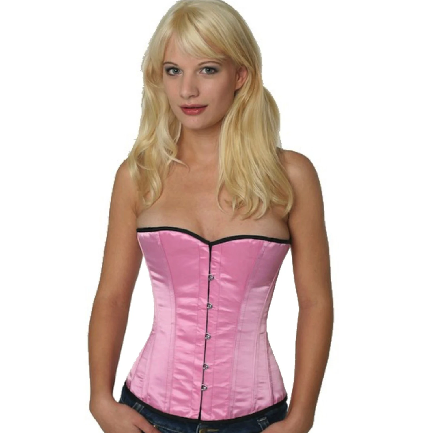 Korsett Rosa Halbbrust Satin sh03 Modell trägt ein elegantes Satin-Halbbrustkorsett in pink mit Innenfutter aus Baumwolle