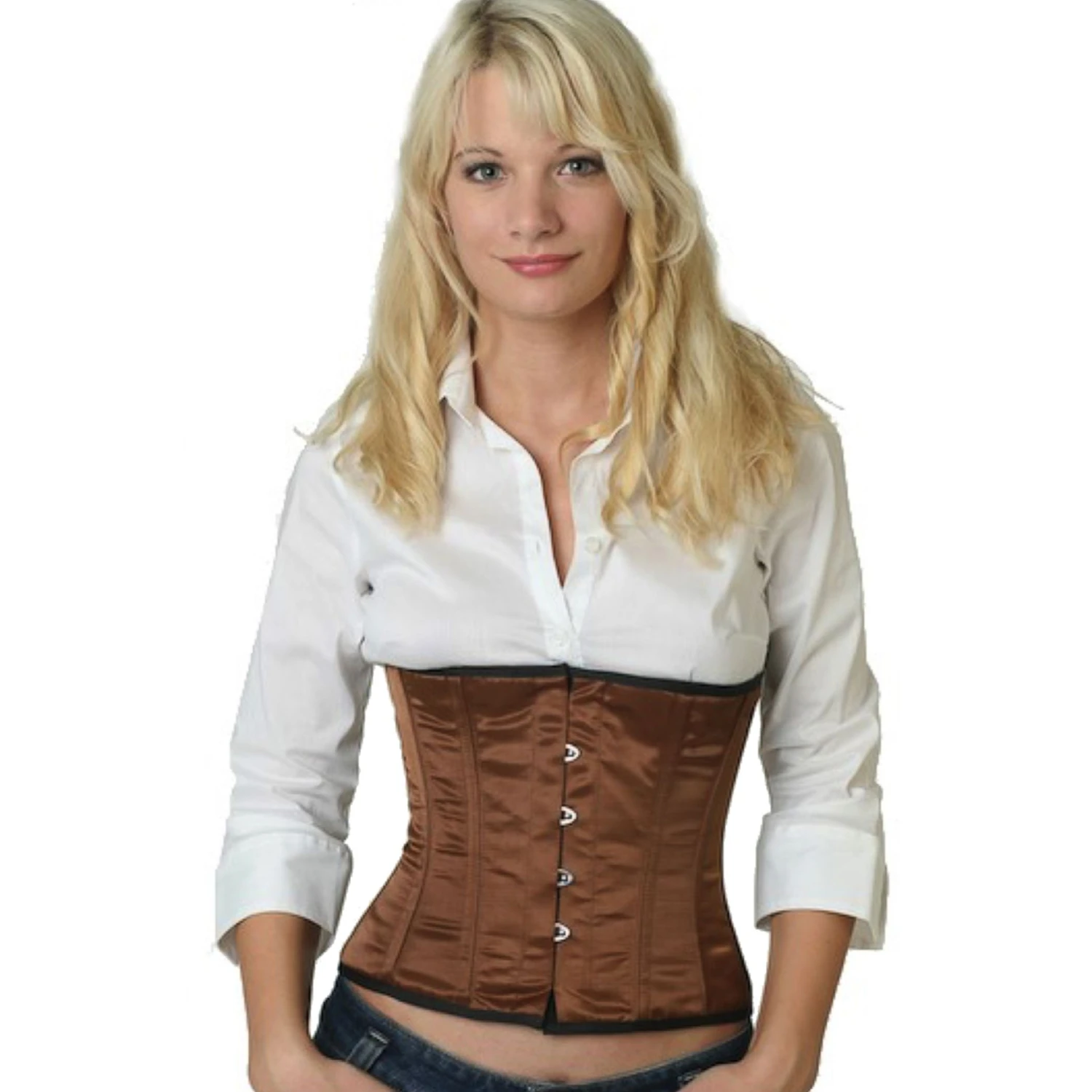Korsett Satin Braun Taillen sw10 Modell trägt ein kurzes Satin-Taillenkorsett in braun mit Innenfutter aus Baumwolle