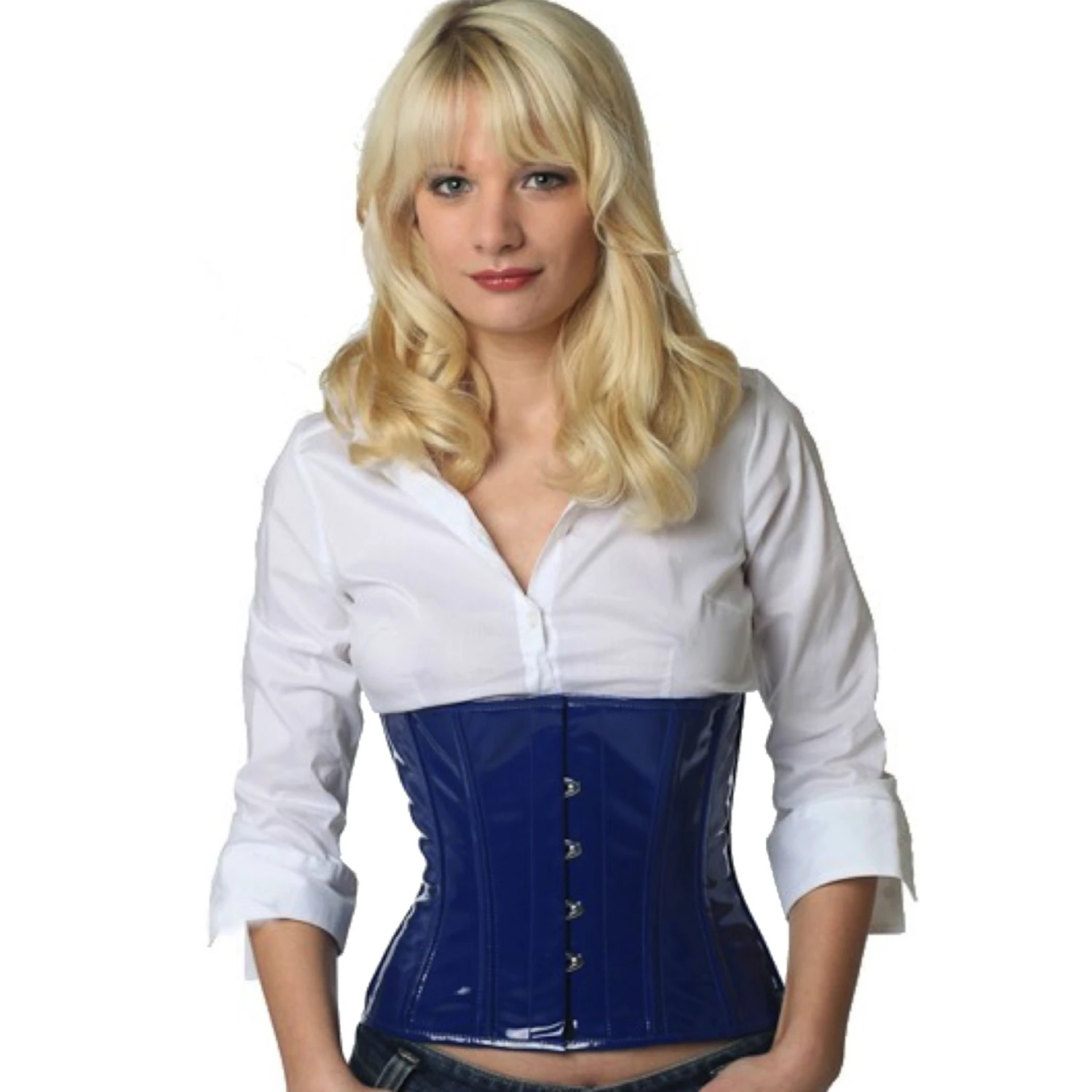 Korsett Taillen Lack Blau pw73 Modell trägt ein kurzes Lack-Taillenkorsett in blau mit Innenfutter aus Baumwolle