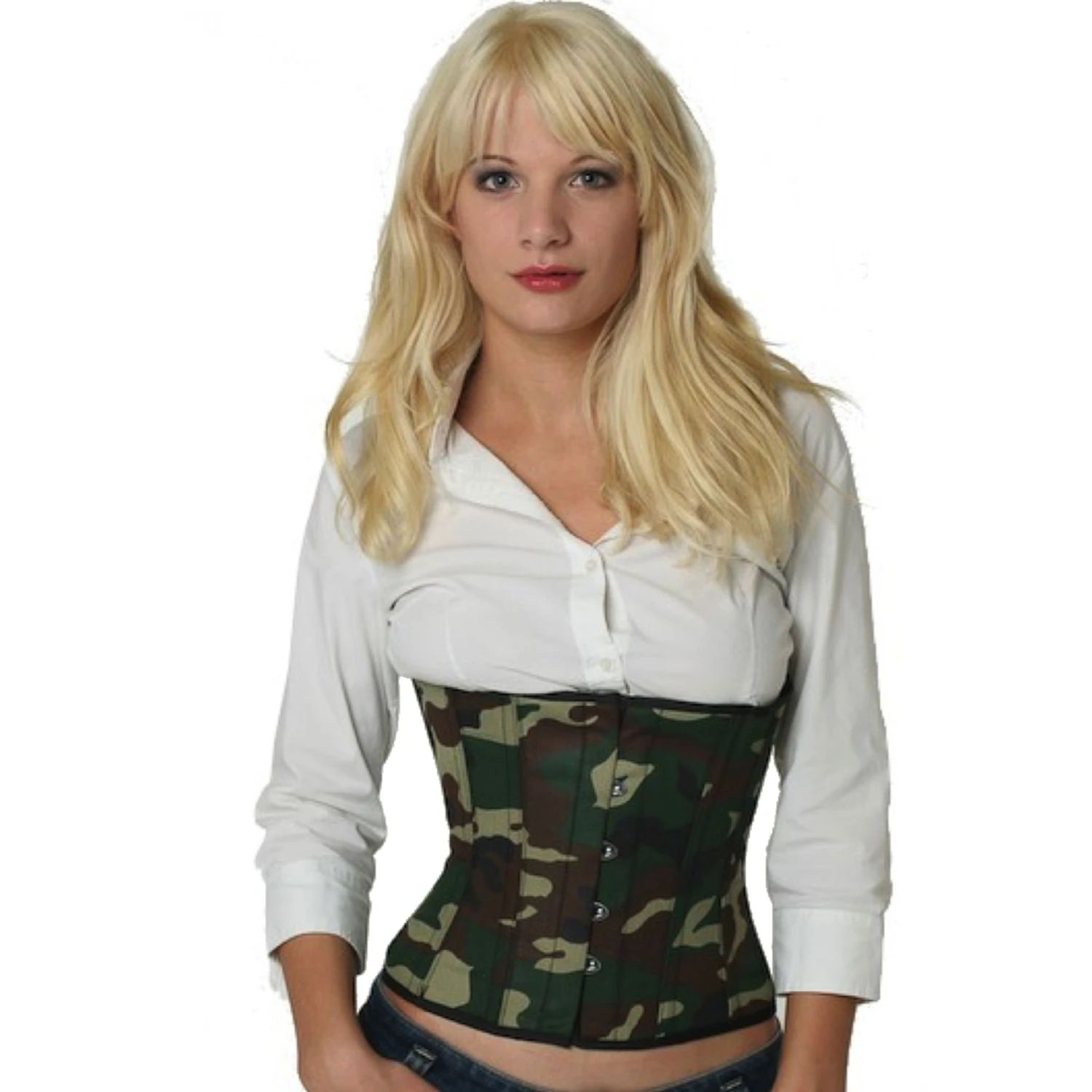 Achteraanzicht van het camouflage overbust korset op een model met klassieke vetersluiting