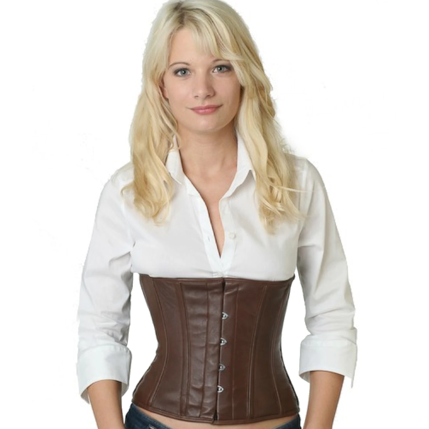 Korsett Braun Taillen Leder lw26 Modell trägt das Taillenkorsett-Lederkorsett in braun in der Vorderansicht für eine Taillenreduktion um bis zu 10cm.