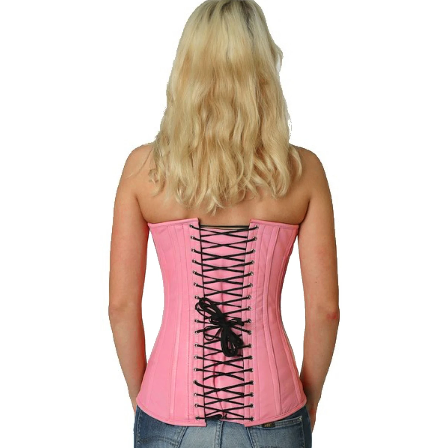 Rückansicht am Modell für das Lederkorsett Vollbrustkorsett in pink mit klassischer Schnürung hinten und 14 Edelstahl-Korsettstangen.