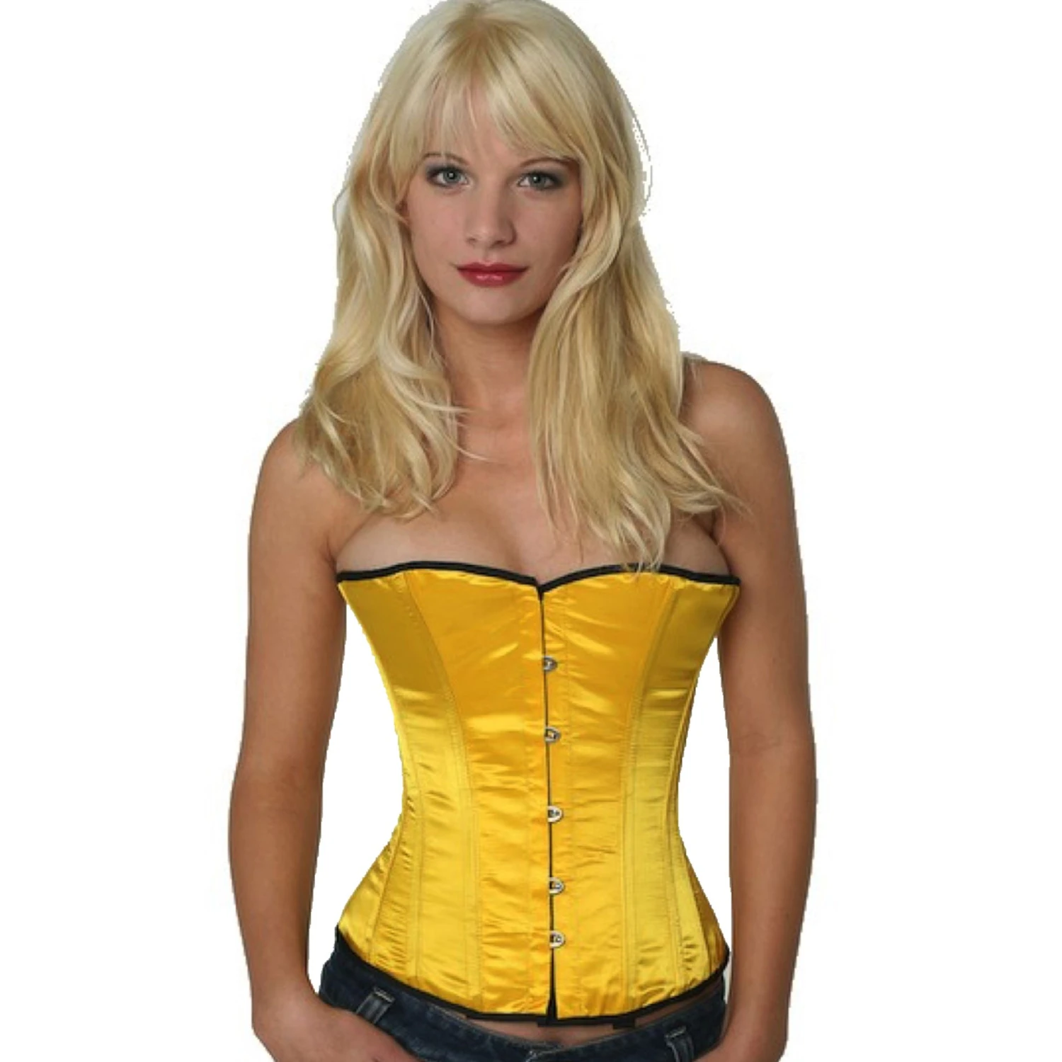 Korsett Halbbrust Satin Gelb Mango sh13 Modell trägt ein elegantes Satin-Halbbrustkorsett in gelb mit Innenfutter aus Baumwolle