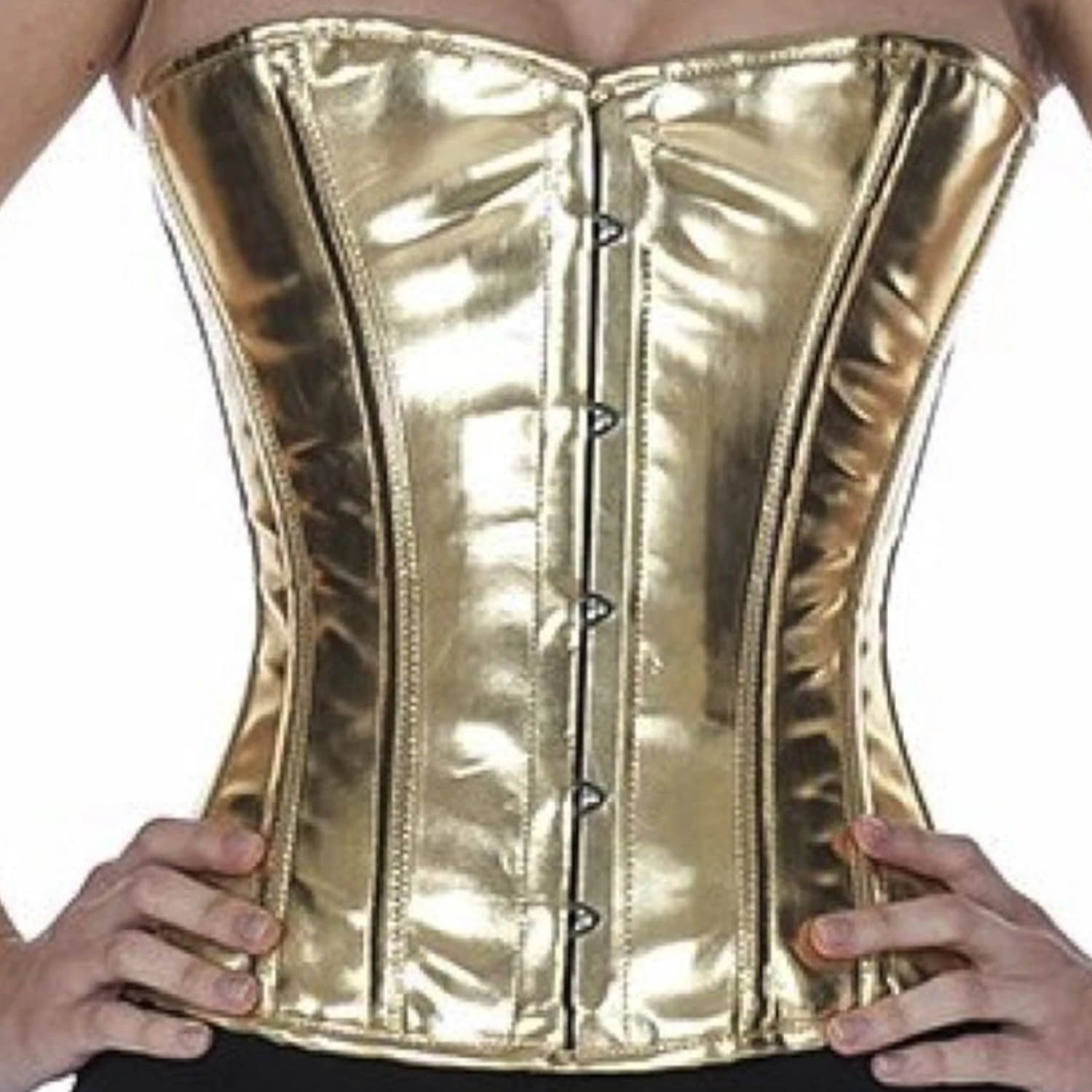 Echtes Halbbrustkorsett aus glänzendem Lackstoff in gold glitter für die Taillenreduktion