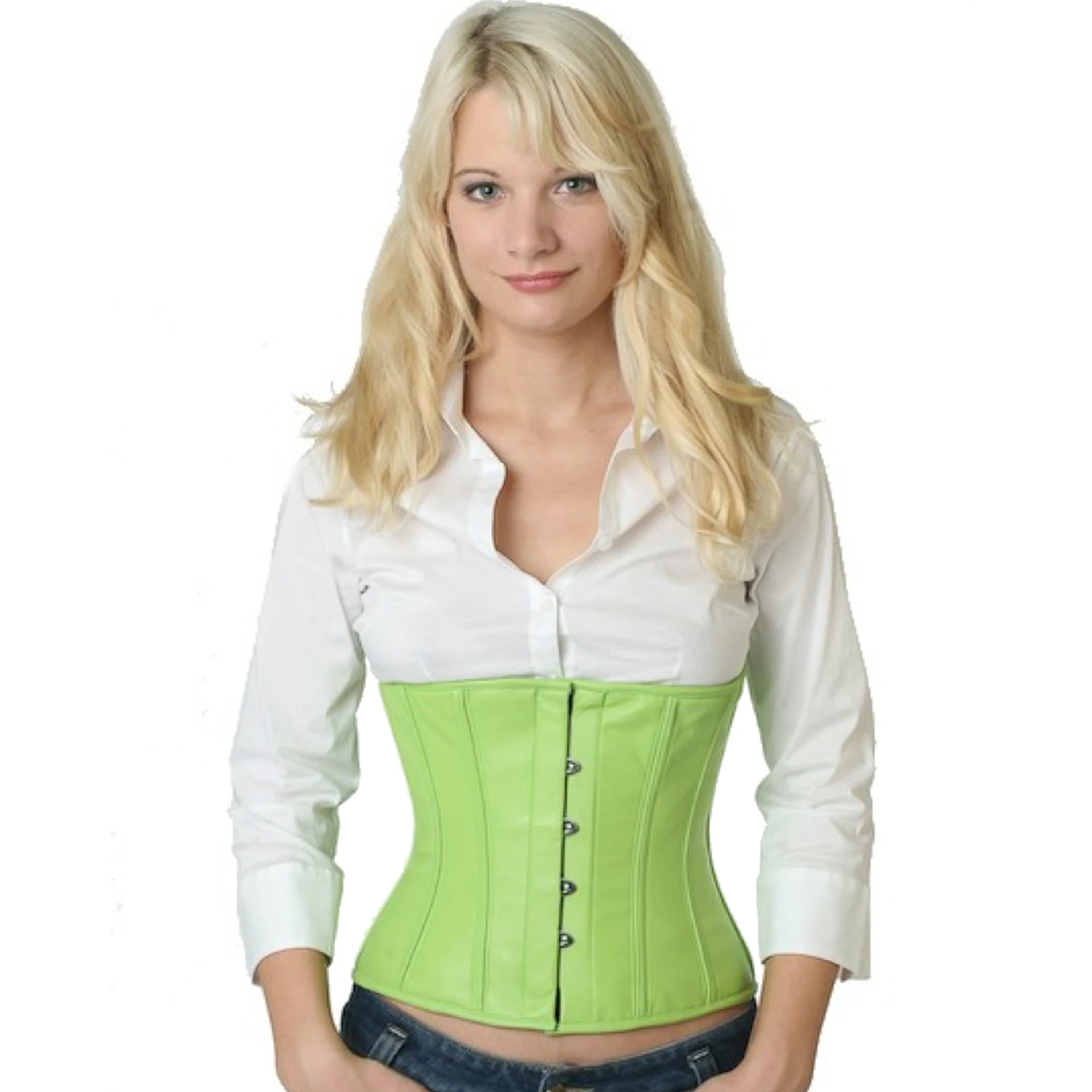Korsett Leder Grün Taillen lw28 Modell trägt das Taillenkorsett-Lederkorsett in grün in der Vorderansicht für eine Taillenreduktion um bis zu 10cm.
