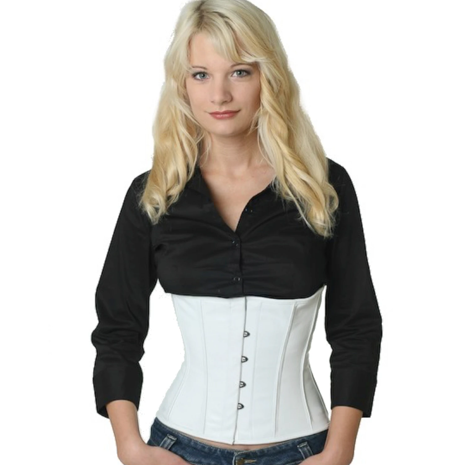 Korsett Taillen Leder Weiß lw21 Modell trägt das Taillenkorsett-Lederkorsett in weiß in der Vorderansicht für eine Taillenreduktion um bis zu 10cm.