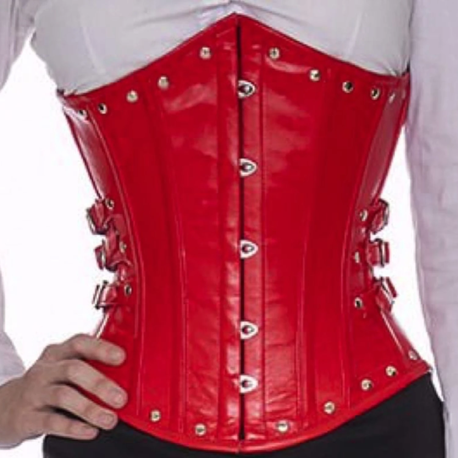 Rotes Unterbrustkorsett aus echtem Leder mit seitlichen Schnallen und Nieten