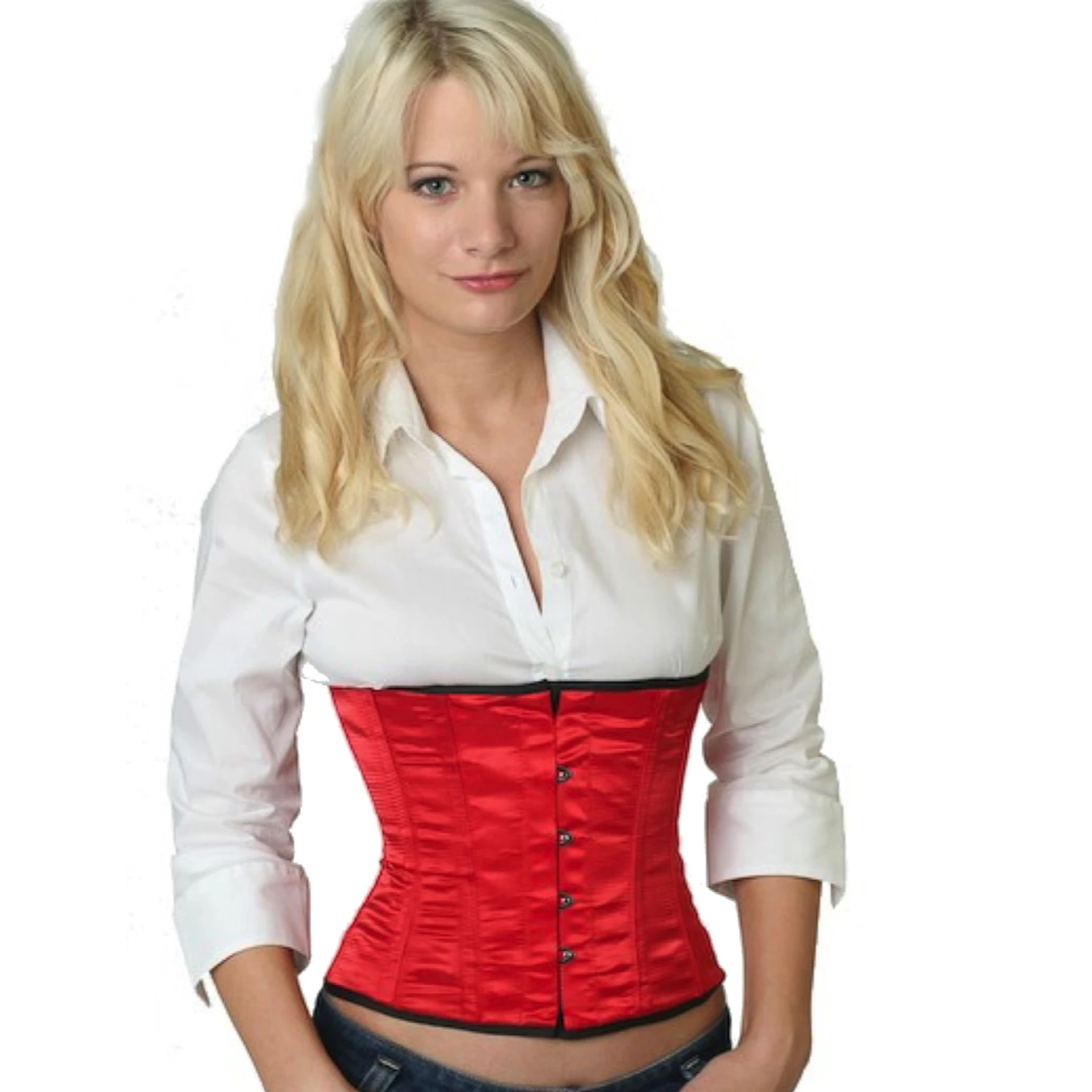 Korsett Rot Taillen Satin sw06 Modell trägt ein kurzes Satin-Taillenkorsett in rot mit Innenfutter aus Baumwolle
