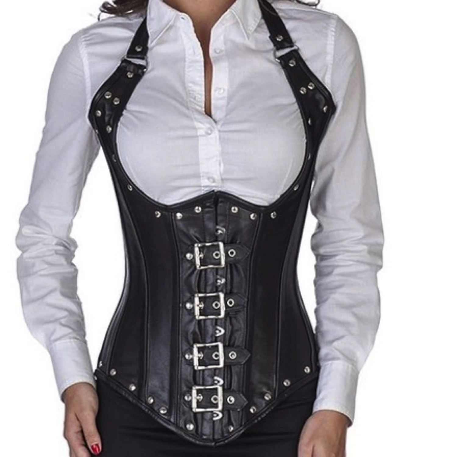 Korsett Unterbrust Neckholder mit Nieten und Schnallen Schwarz Leder lo20 Echtleder Unterbrustkorsett mit Neckholder, vier Schnallen und Nieten in der Frontansicht