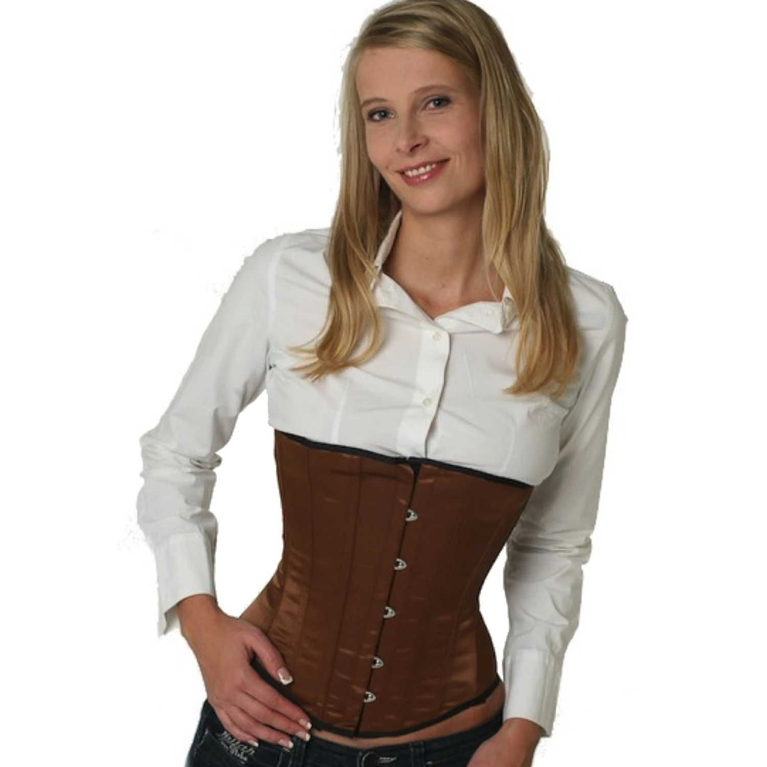 Korsett Braun Satin Unterbrust su10 Modell trägt ein elegantes Satin-Unterbrustkorsett in braun mit Innenfutter aus Baumwolle