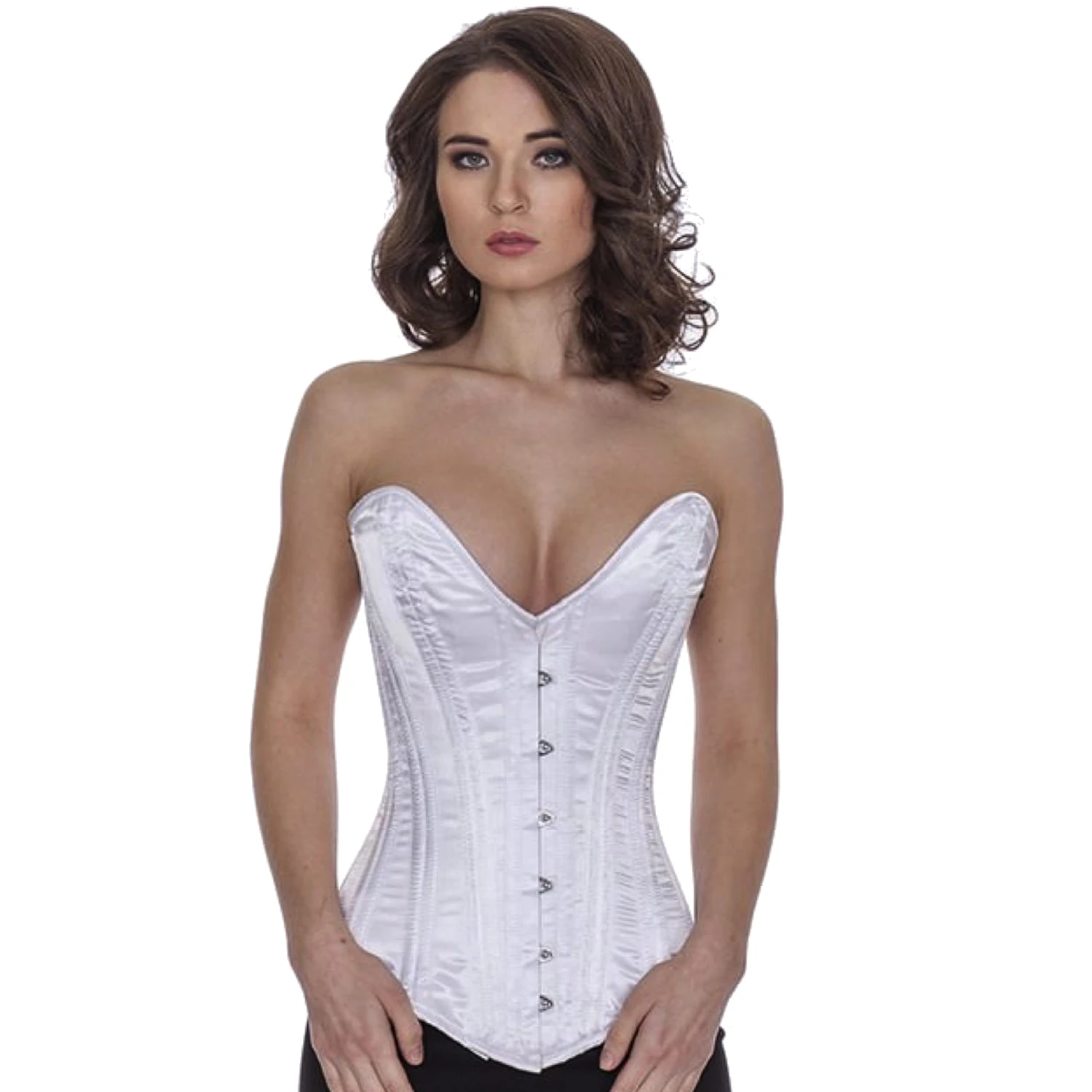 Modell trägt ein elegantes Satin-Vollbrustkorsett Plunge in weiß mit Innenfutter aus Baumwolle