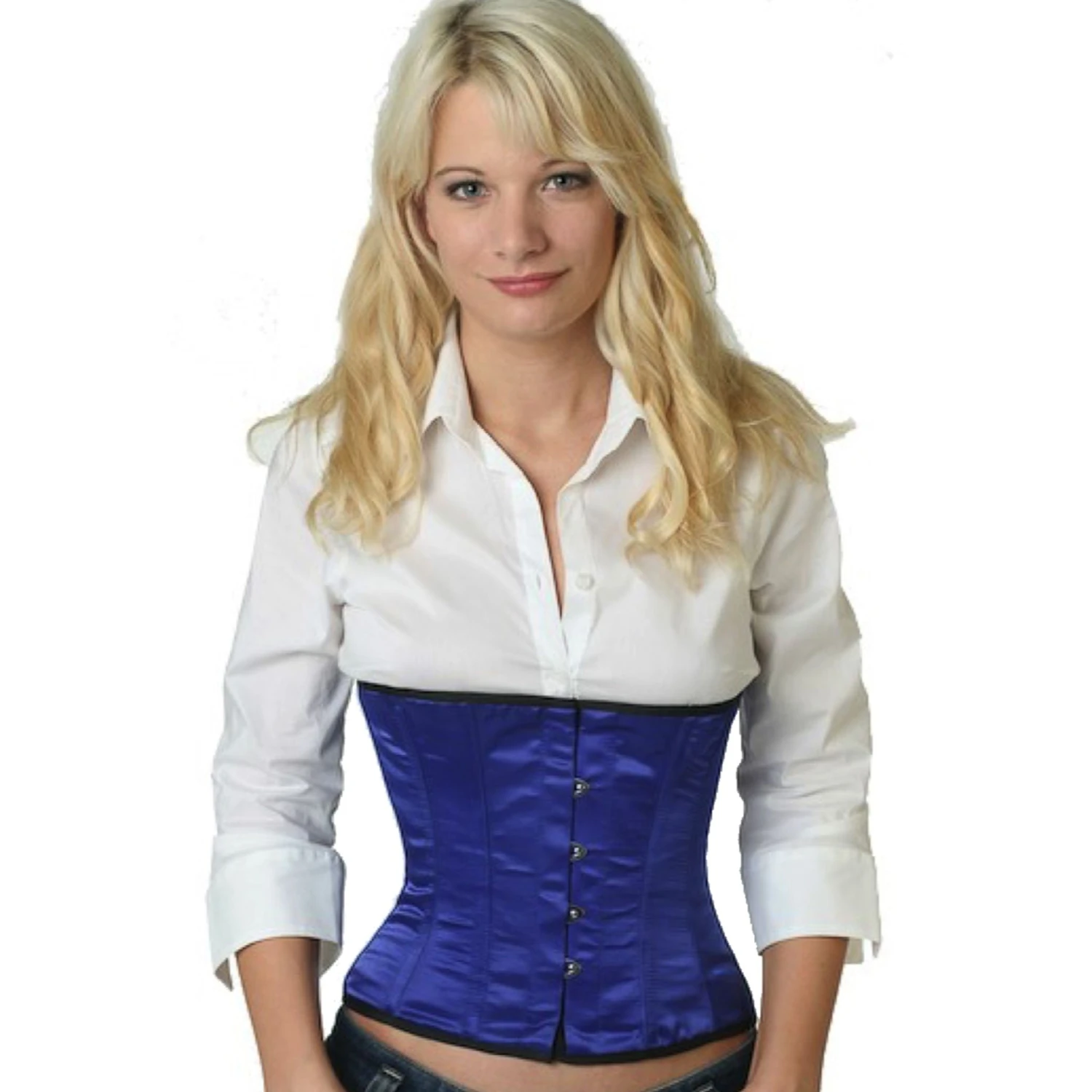 Modell trägt ein kurzes Satin-Taillenkorsett in blau mit Innenfutter aus Baumwolle