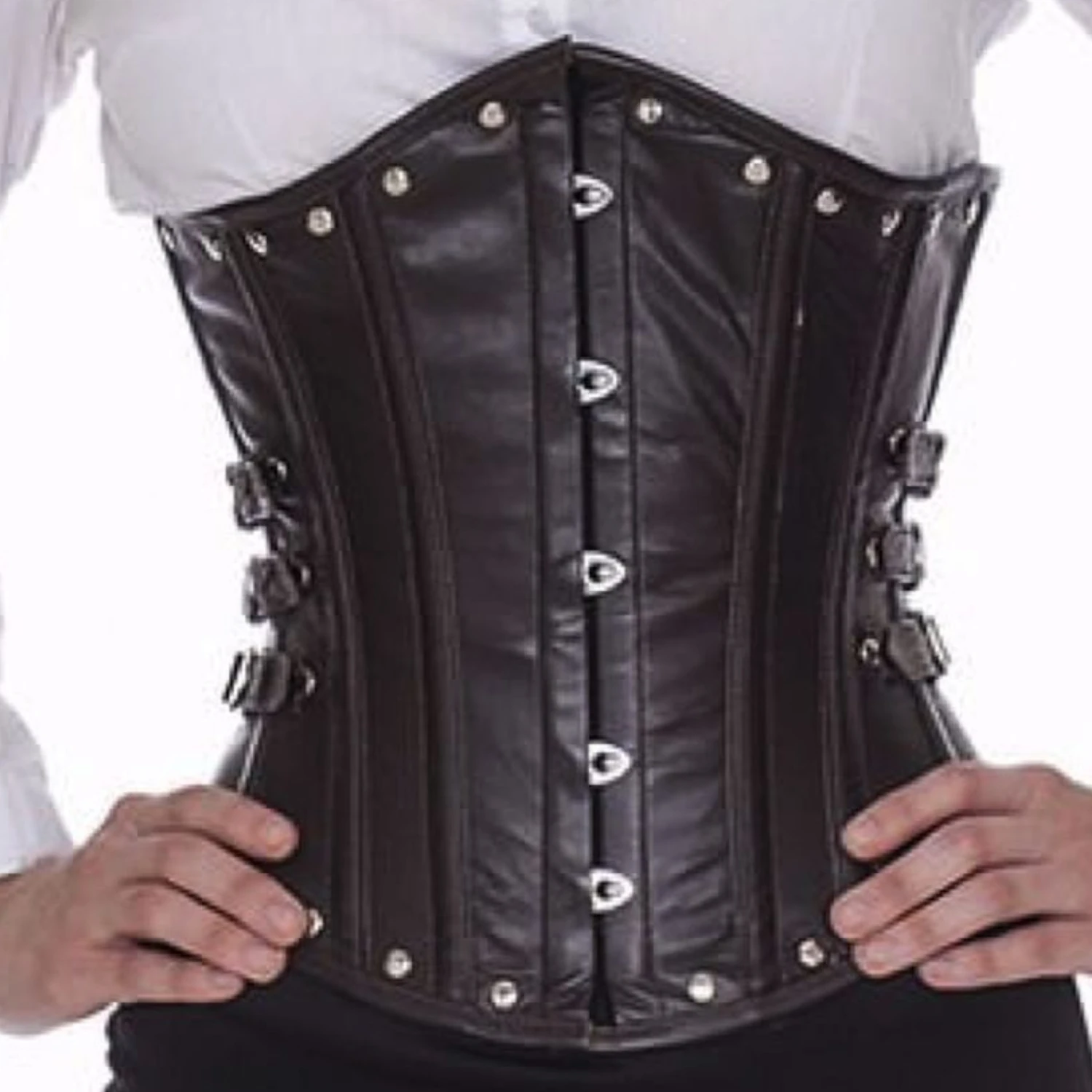 Korsett Unterbrust mit Nieten und seitlichen Schnallen Leder Braun lg26 Braunes Unterbrustkorsett aus echtem Leder mit seitlichen Schnallen und Nieten