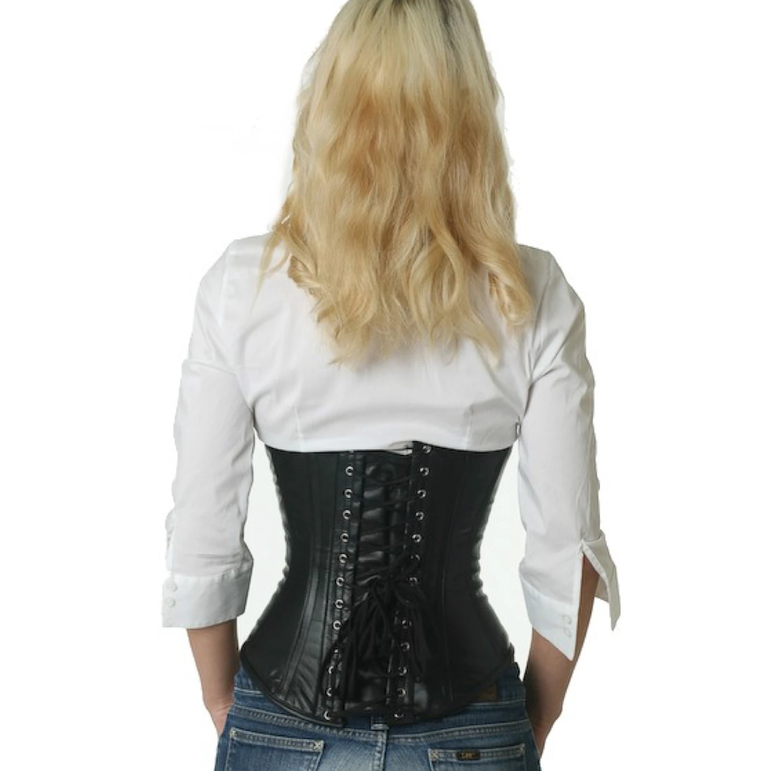 Korsett Schwarz Leder Unterbrust lu20 Rückansicht Schnürkorsett Leder Unterbrust in schwarz am Modell mit Schnürung hinten