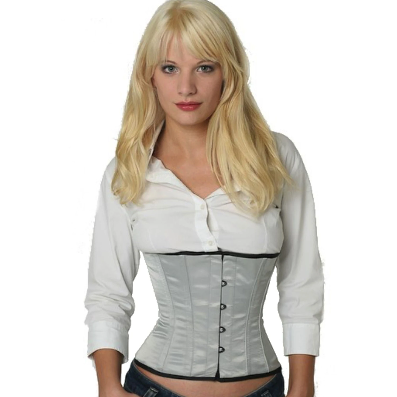 Korsett Satin Grau Taillen sw01 Modell trägt ein kurzes Satin-Taillenkorsett in grau mit Innenfutter aus Baumwolle