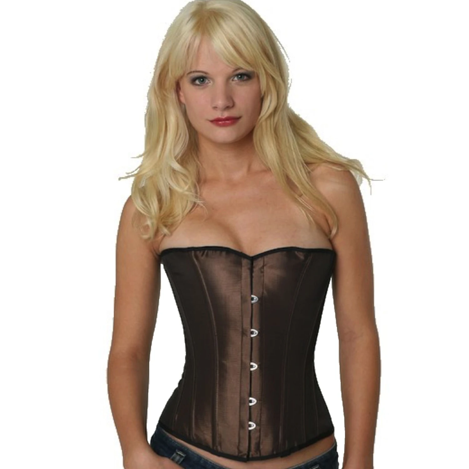 Modell trägt ein elegantes Satin-Halbbrustkorsett in teebraun mit Innenfutter aus Baumwolle