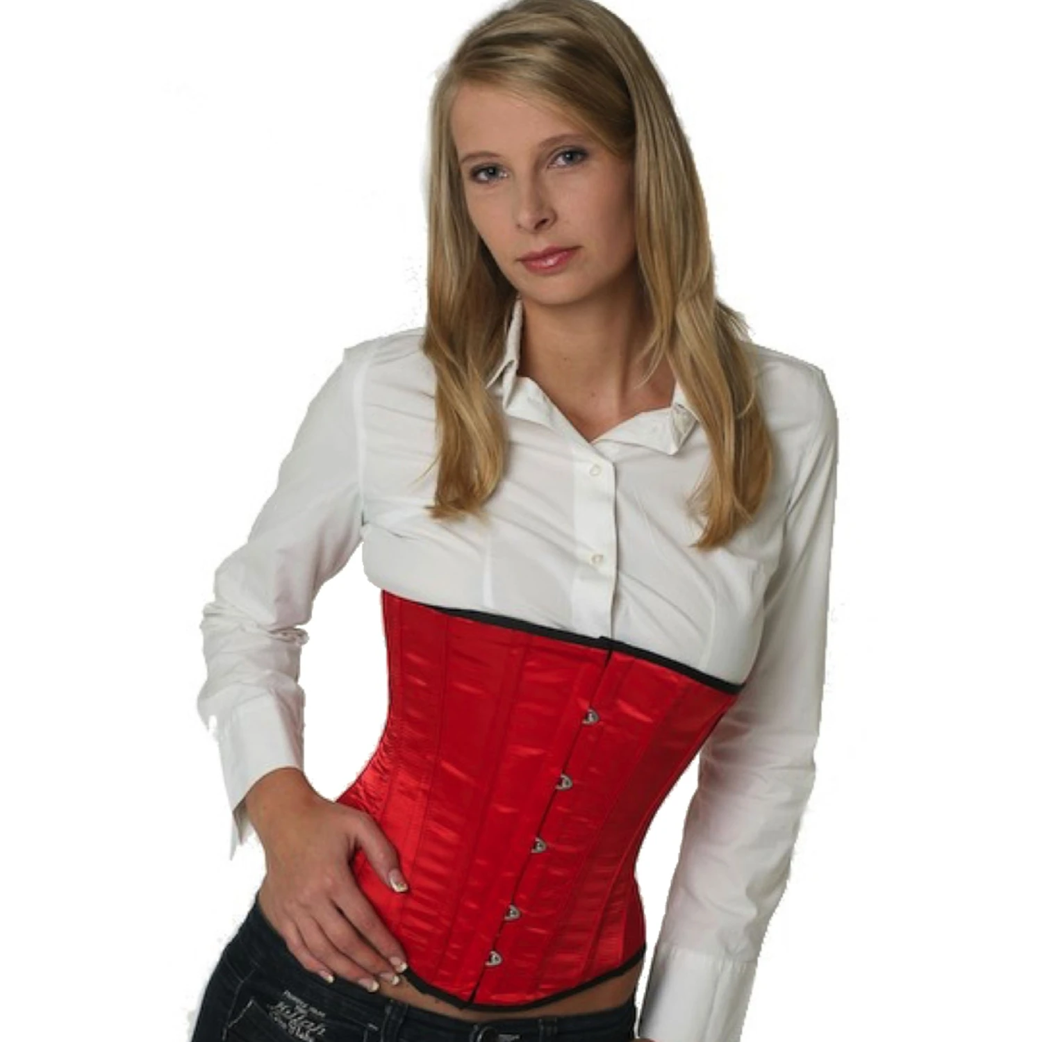 Korsett Unterbrust Satin Rot su06 Modell trägt ein elegantes Satin-Unterbrustkorsett in rot mit Innenfutter aus Baumwolle