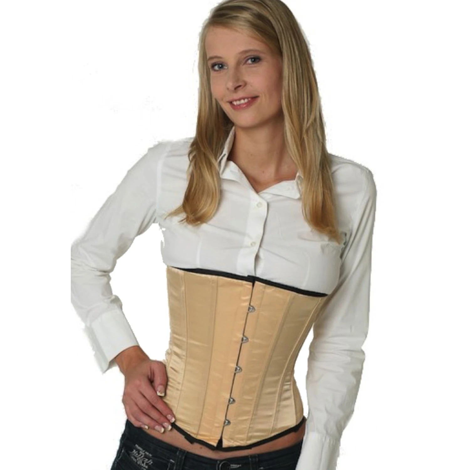 Korsett Beige Unterbrust Satin su11 Modell trägt ein elegantes Satin-Unterbrustkorsett in beige mit Innenfutter aus Baumwolle