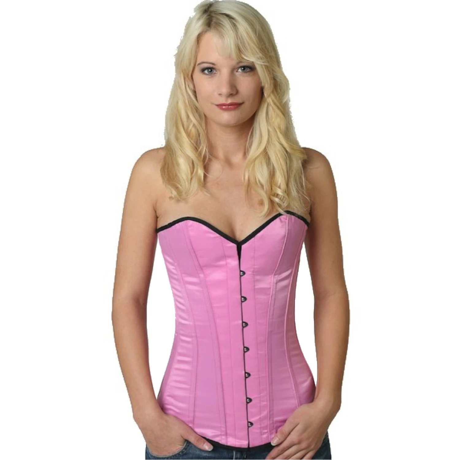 Modell trägt ein klassisches Satin-Vollbrustkorsett in pink mit Innenfutter aus Baumwolle