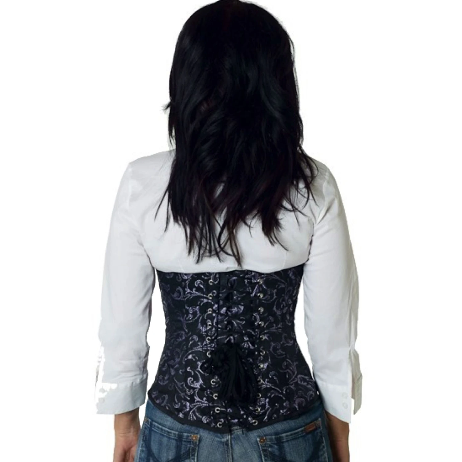 Korsett Unterbrust Violett Brokat ru87 Rückansicht des Brokat-Schnürkorsetts in violett am Modell mit klassischer Schnürung hinten für eine Taillenreduktion um bis zu 10 cm.